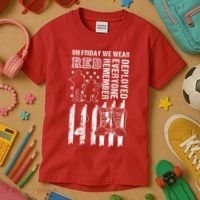 On Friday We Wear Red American Flag Military Supportive Kids T-Shirt thumb 3