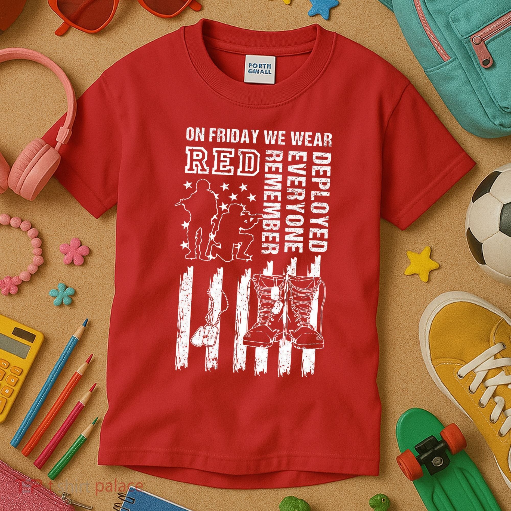 On Friday We Wear Red American Flag Military Supportive Kids T-Shirt