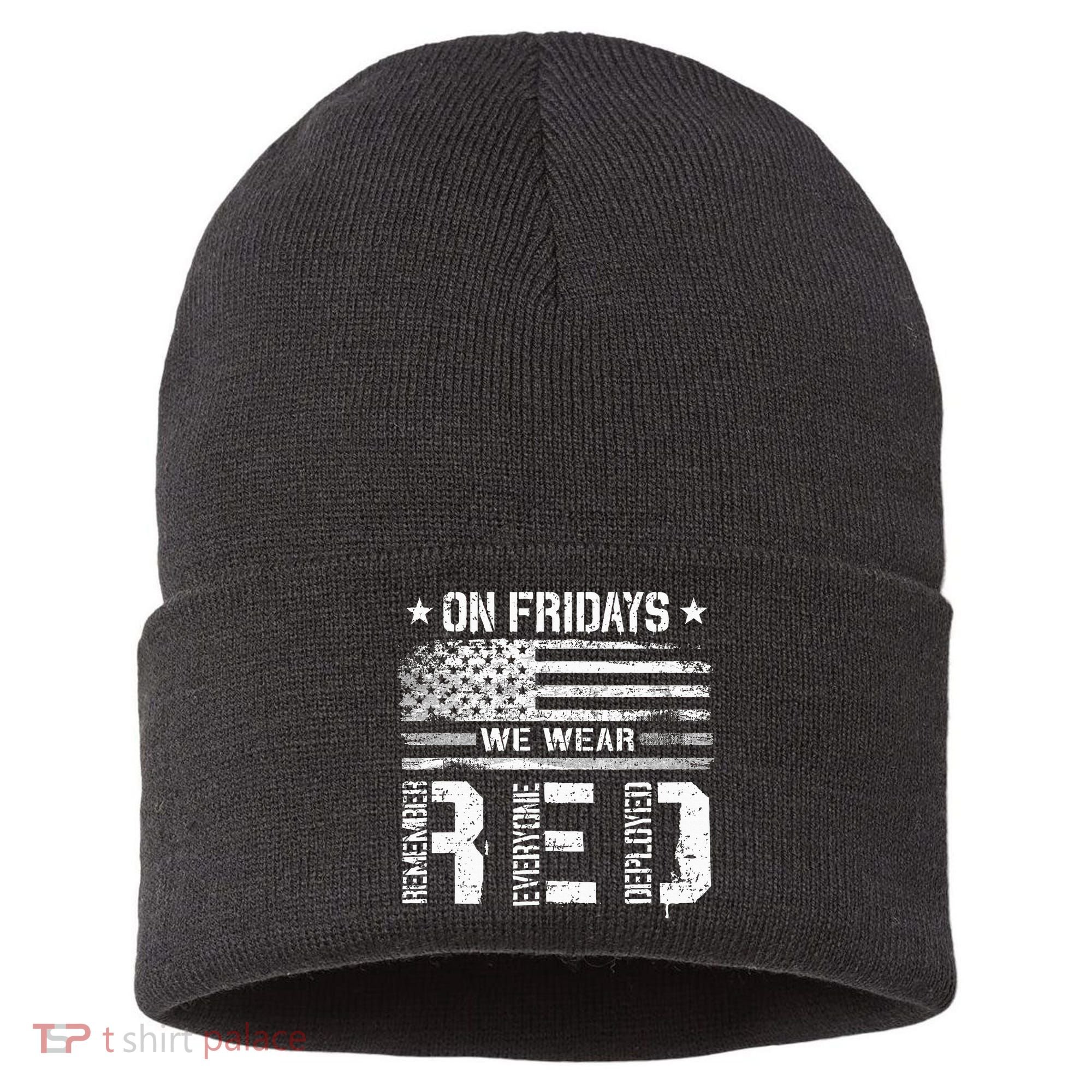 On Friday We Wear Red American Flag Military Supportive Sustainable Knit Beanie