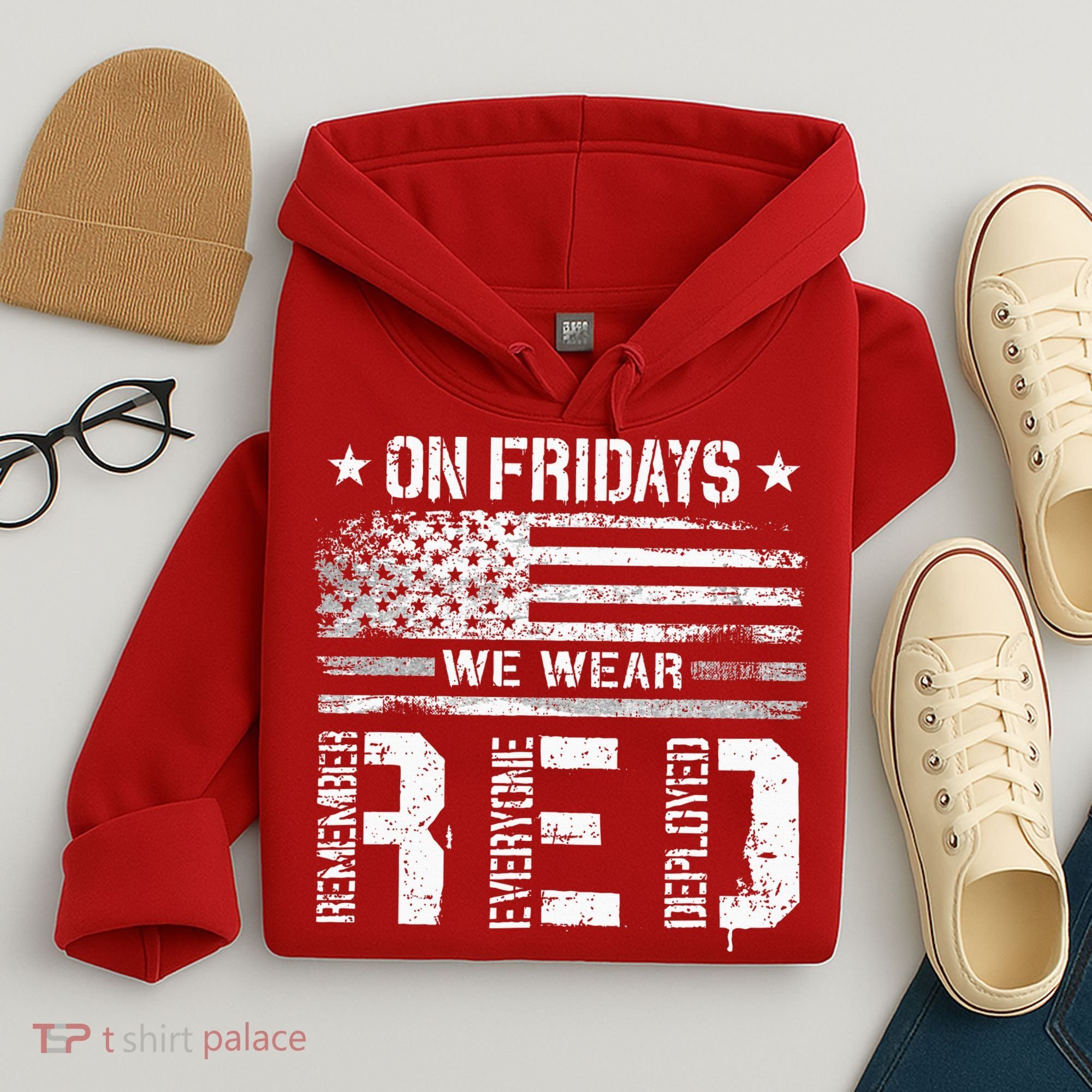 On Friday We Wear Red American Flag Military Supportive Hoodie