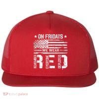 On Friday We Wear Red American Flag Military Supportive Flat Bill Trucker Hat thumb 0