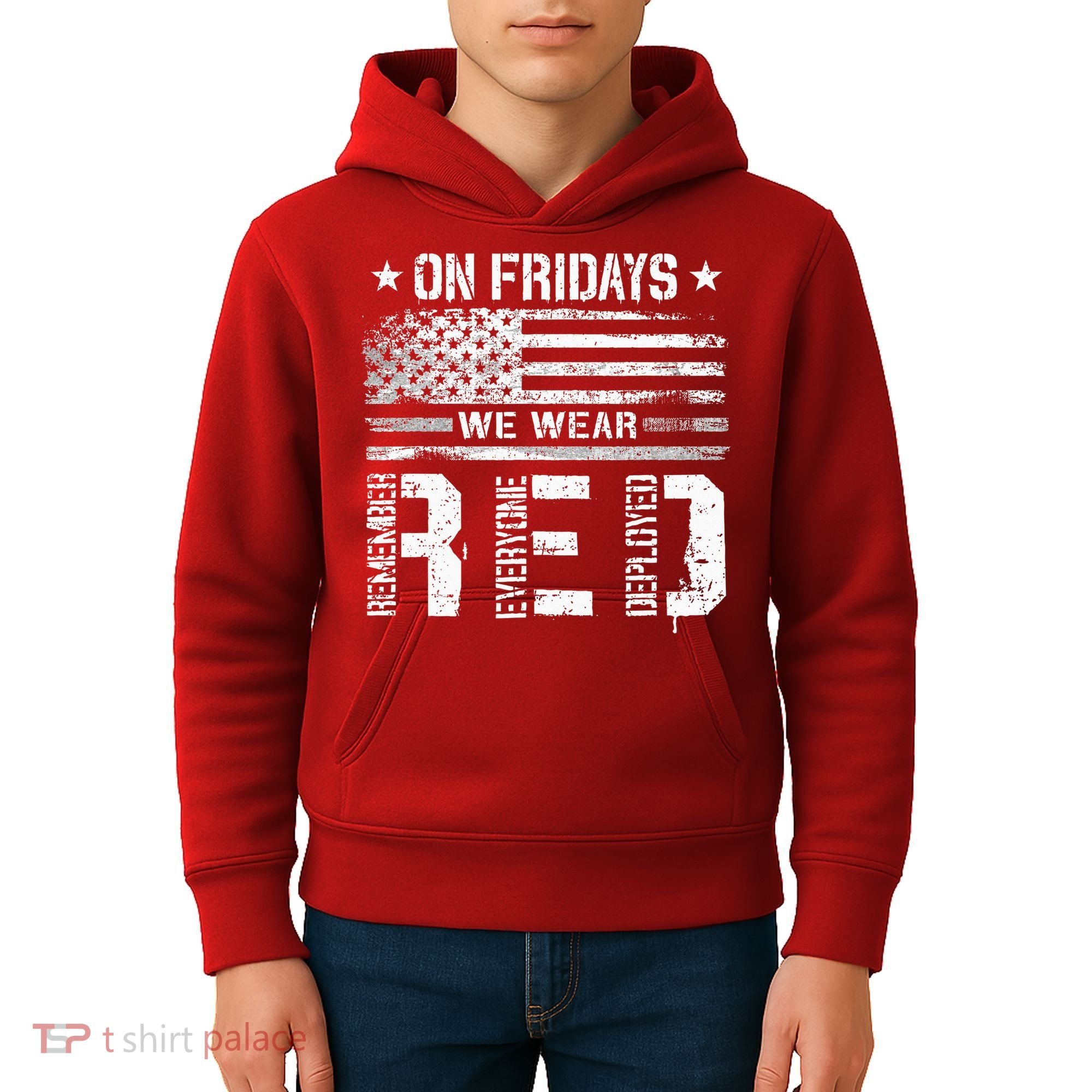 On Friday We Wear Red American Flag Military Supportive Kids Hoodie