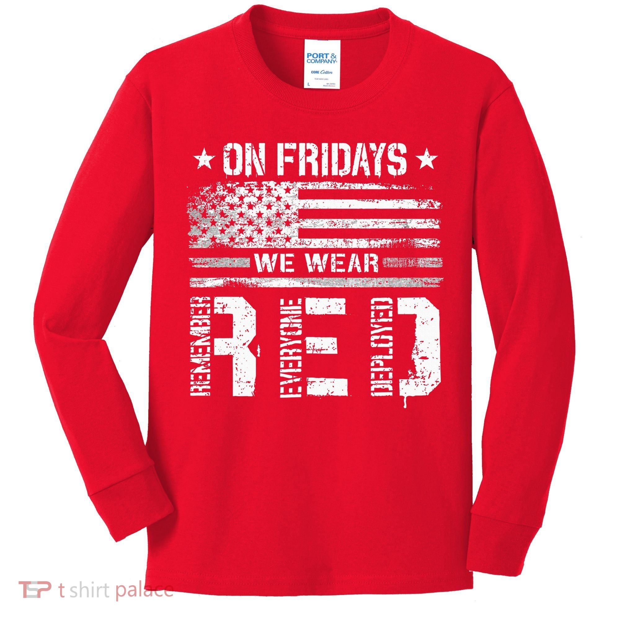 On Friday We Wear Red American Flag Military Supportive Kids Long Sleeve Shirt
