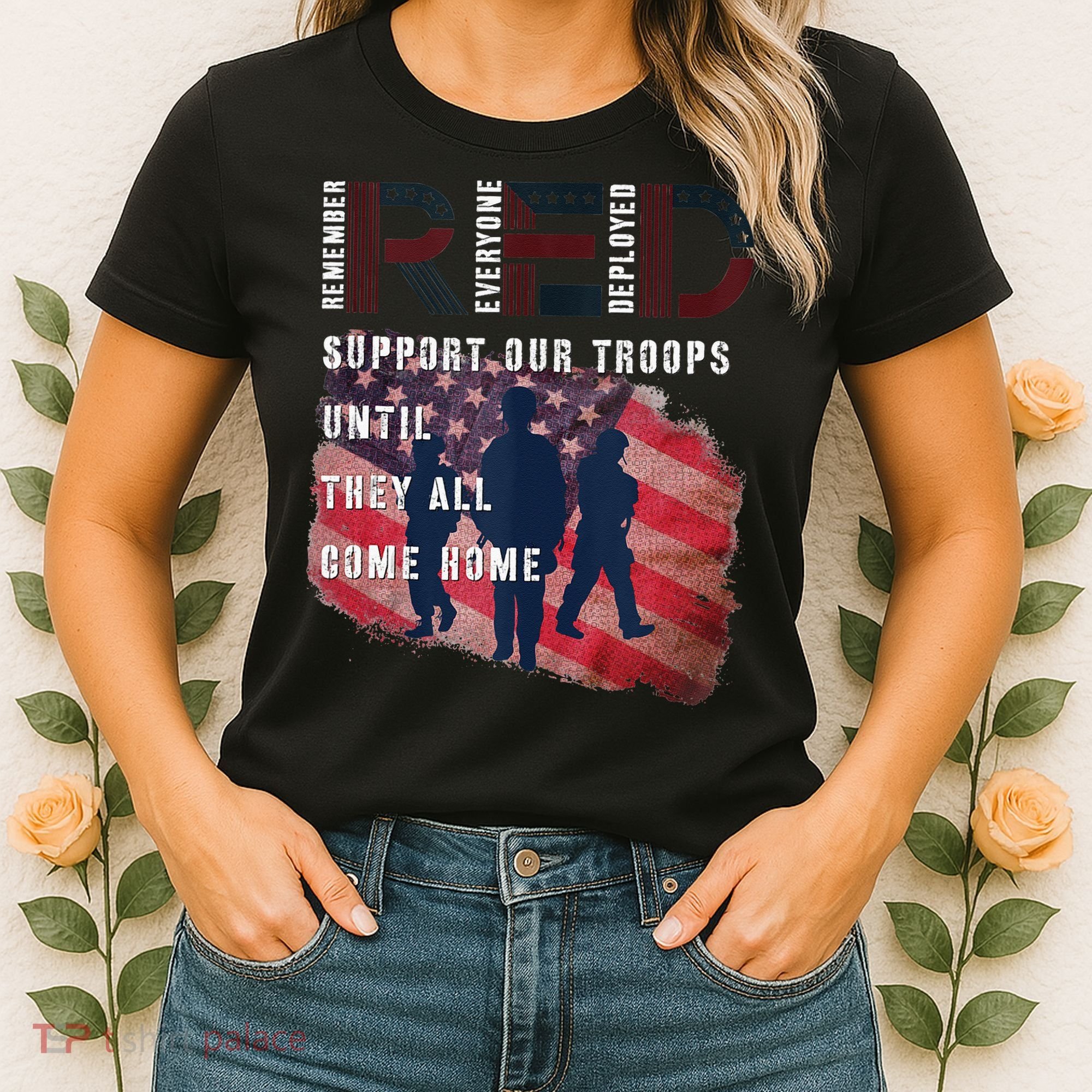 On Friday We Wear Red Friday Military Support Troops US Flag Women's T-Shirt