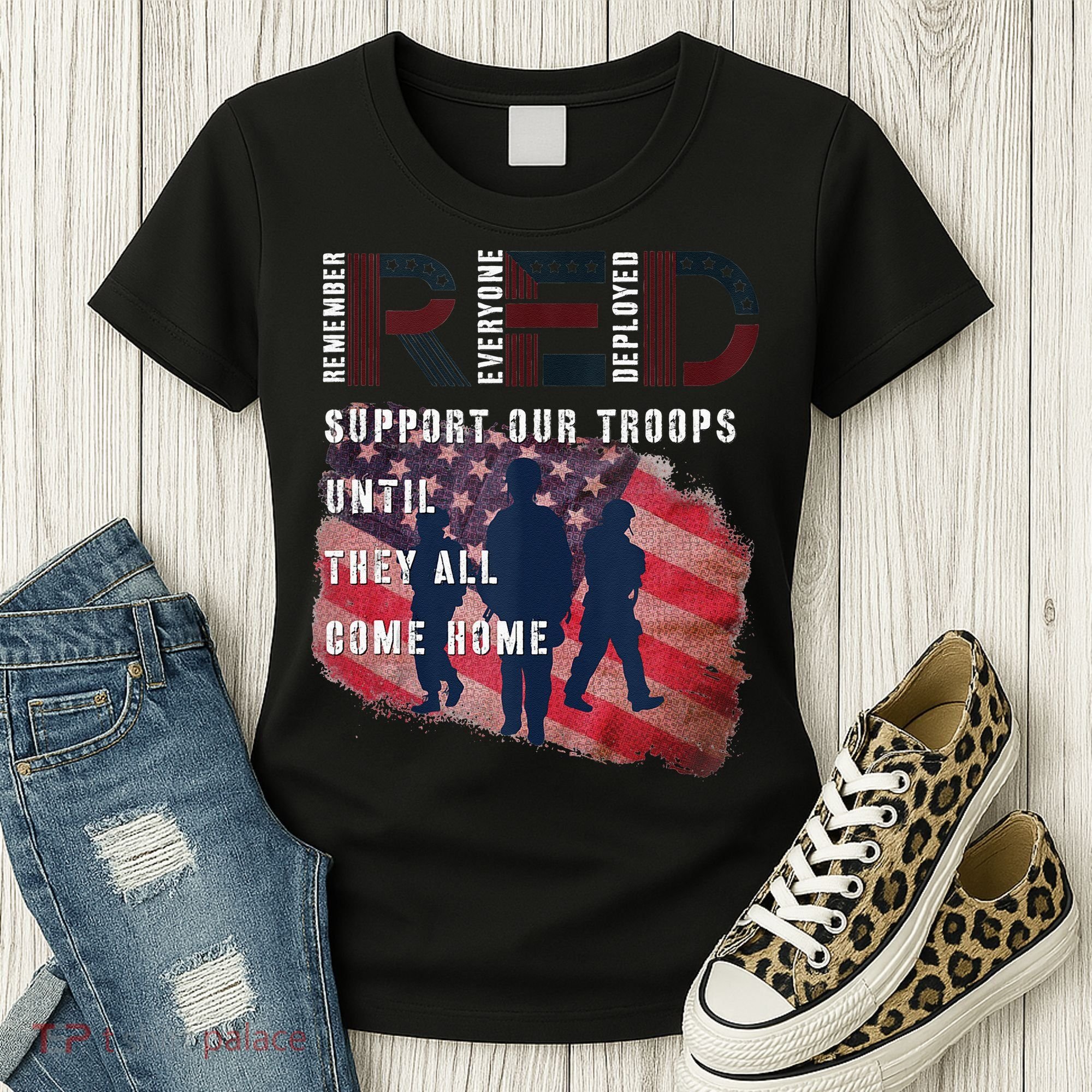 On Friday We Wear Red Friday Military Support Troops US Flag Women's T-Shirt