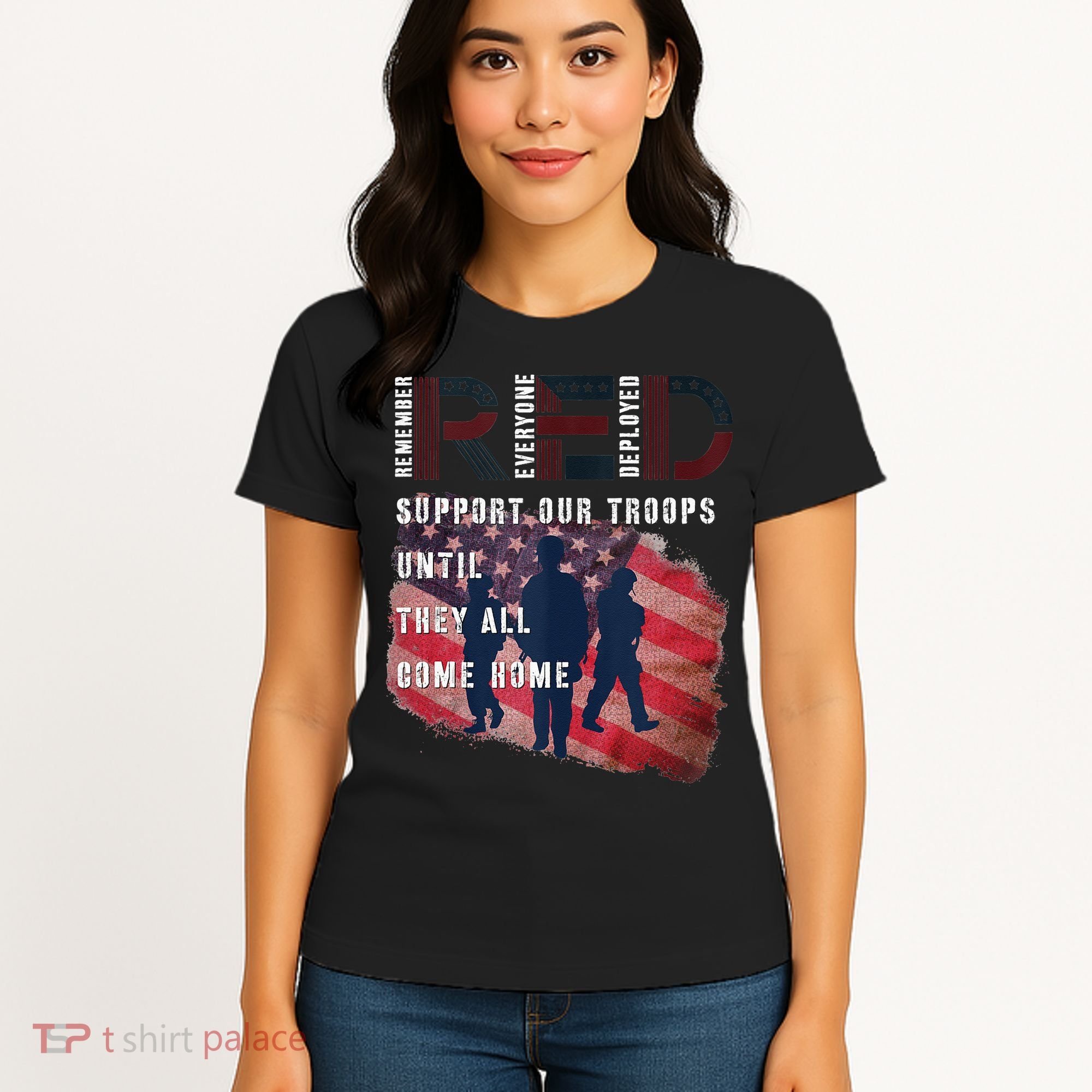 On Friday We Wear Red Friday Military Support Troops US Flag Women's T-Shirt