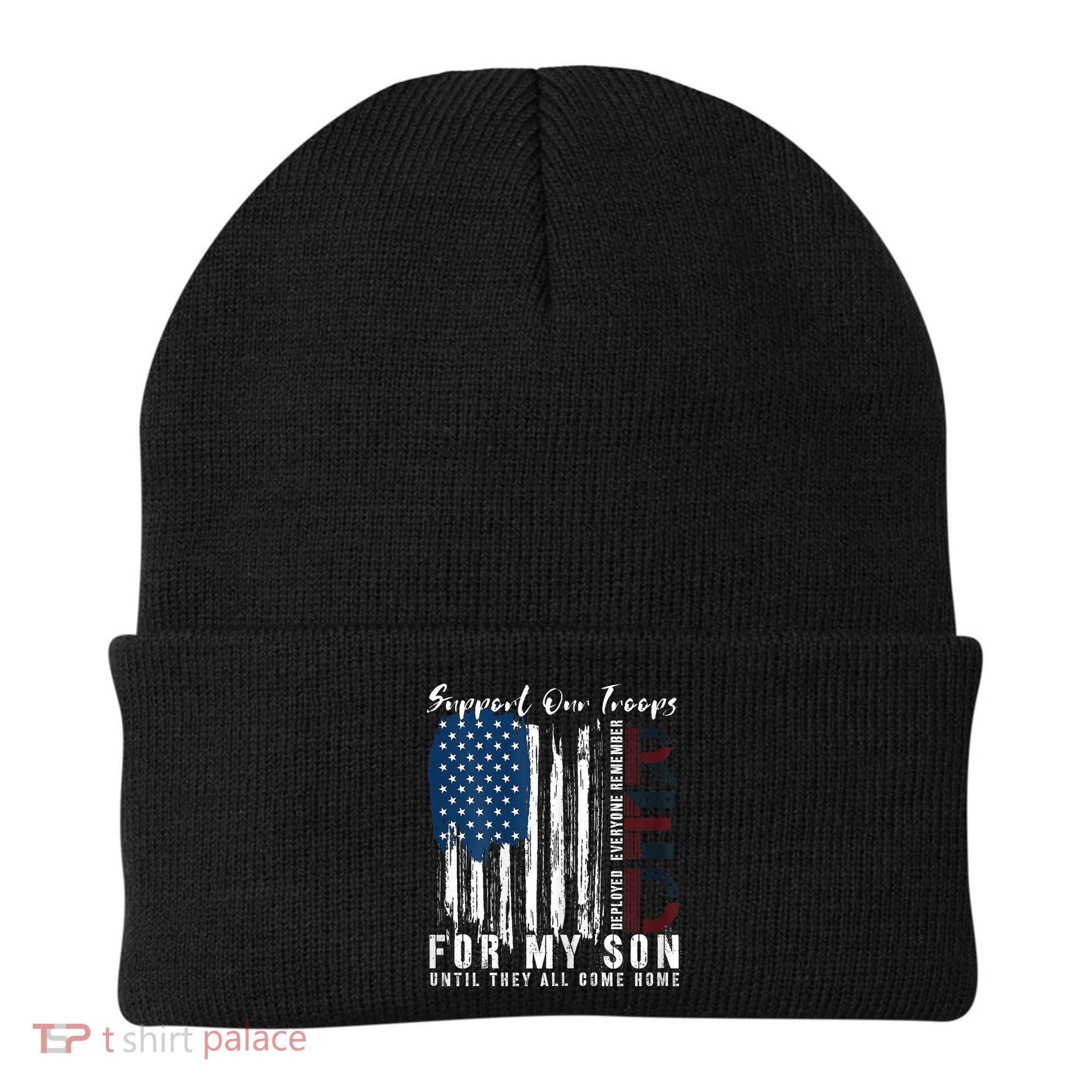 On Friday We Wear Red For My Son Military Support Us Flag Beanie