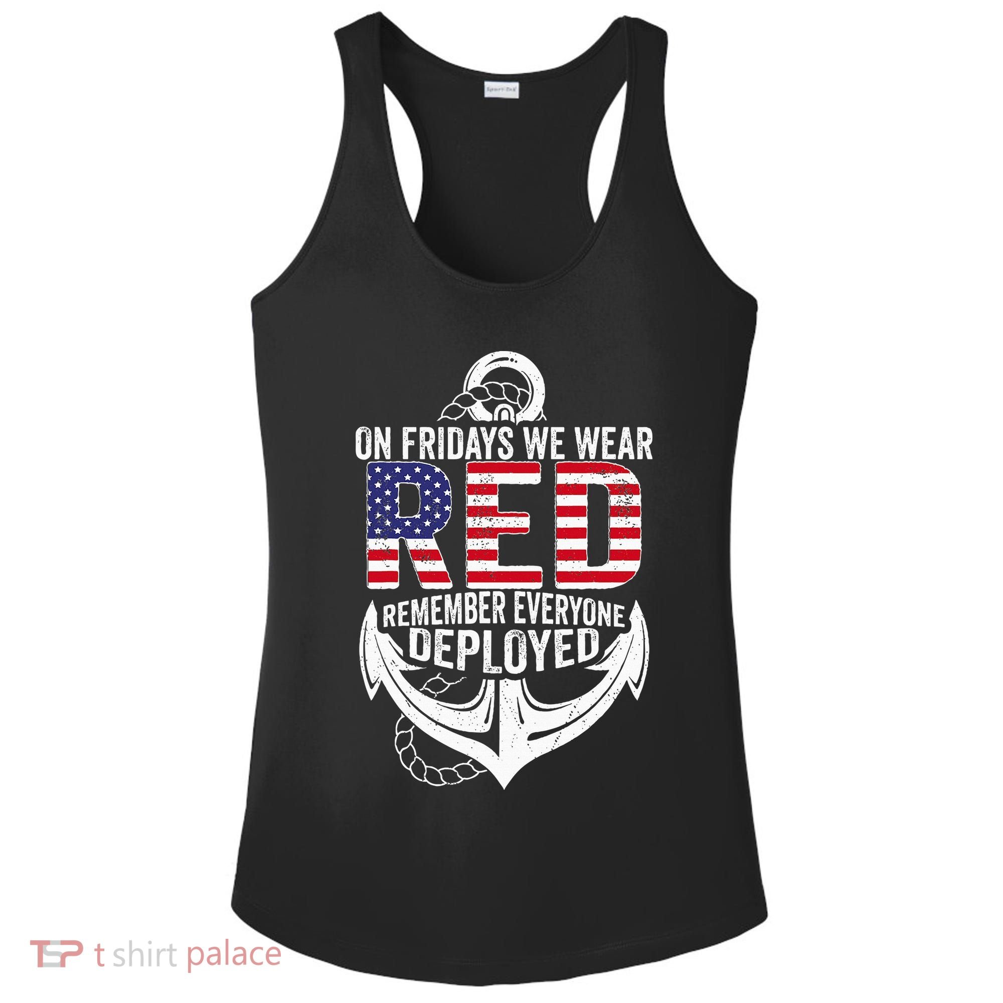 On Fridays We Wear Red Friday Navy Gift Distressed Ladies PosiCharge Competitor Racerback Tank