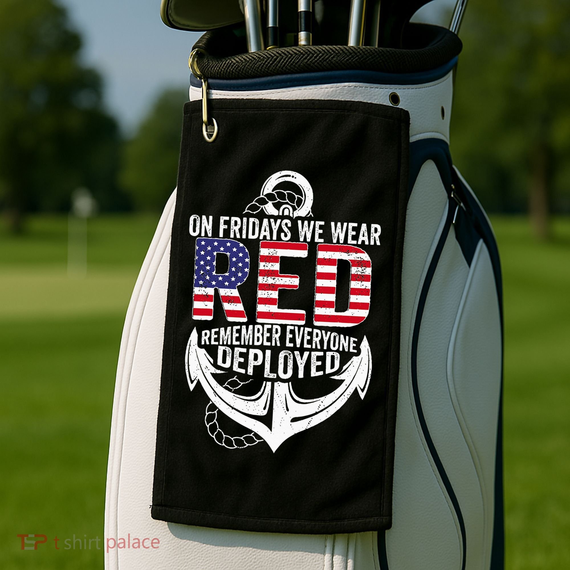On Fridays We Wear Red Friday Navy Gift Distressed Golf Towel
