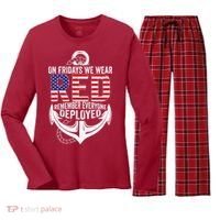On Fridays We Wear Red Friday Navy Gift Distressed Women's Long Sleeve Flannel Pajama Set  thumb 0
