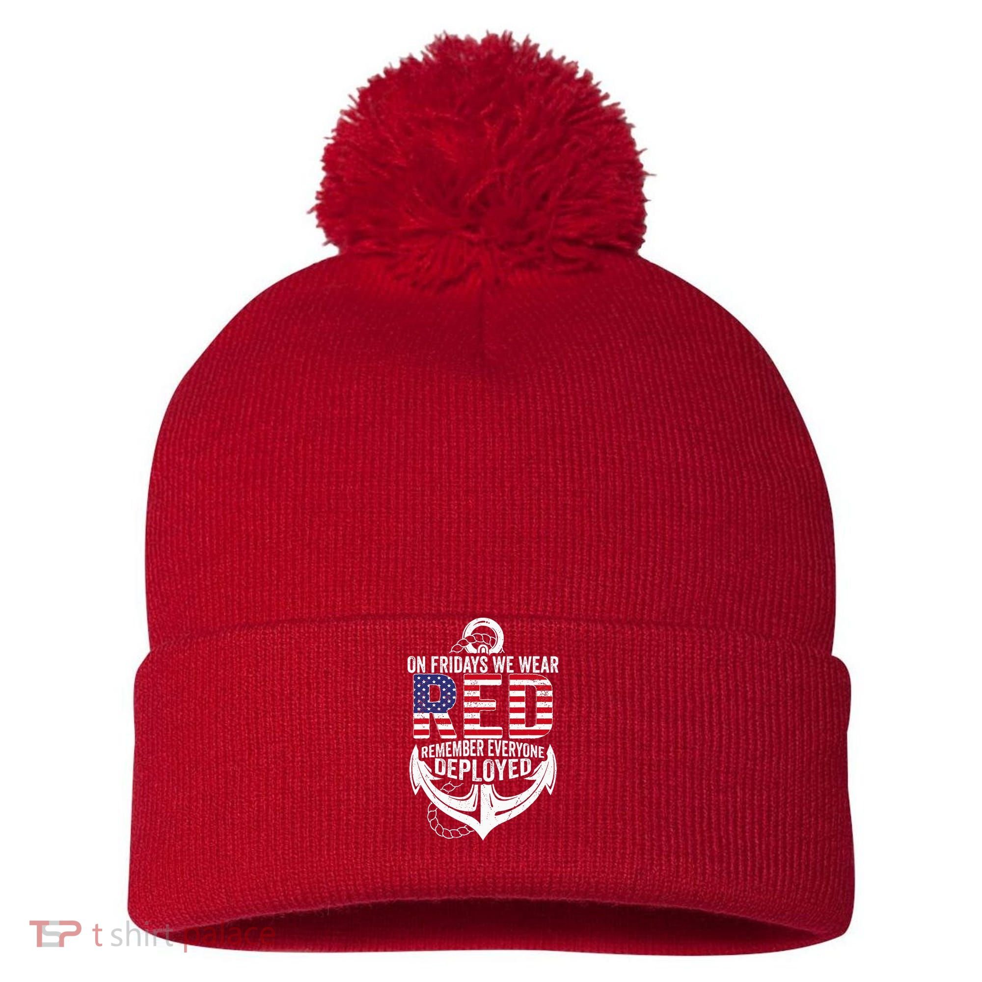 On Fridays We Wear Red Friday Navy Gift Distressed Pom Pom 12in Knit Beanie