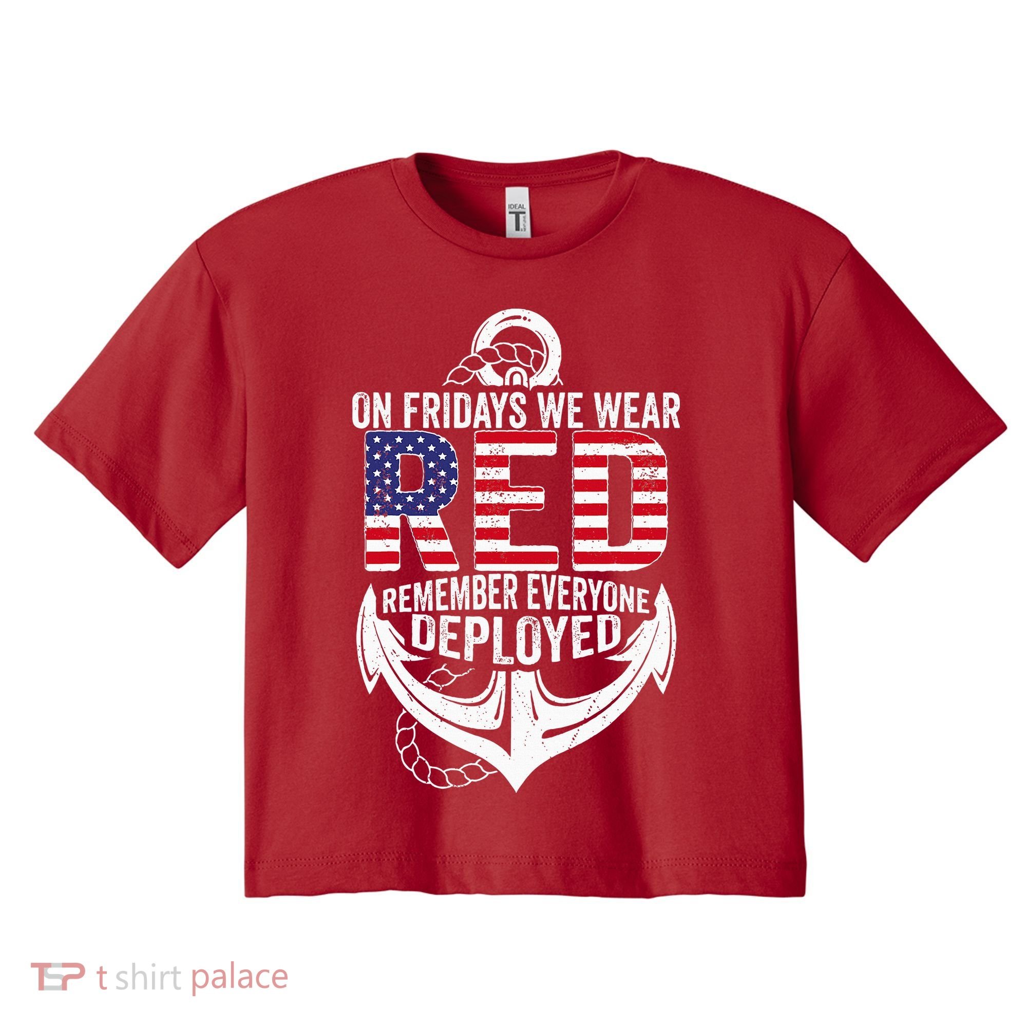 On Fridays We Wear Red Friday Navy Gift Distressed Women's Crop Top Tee