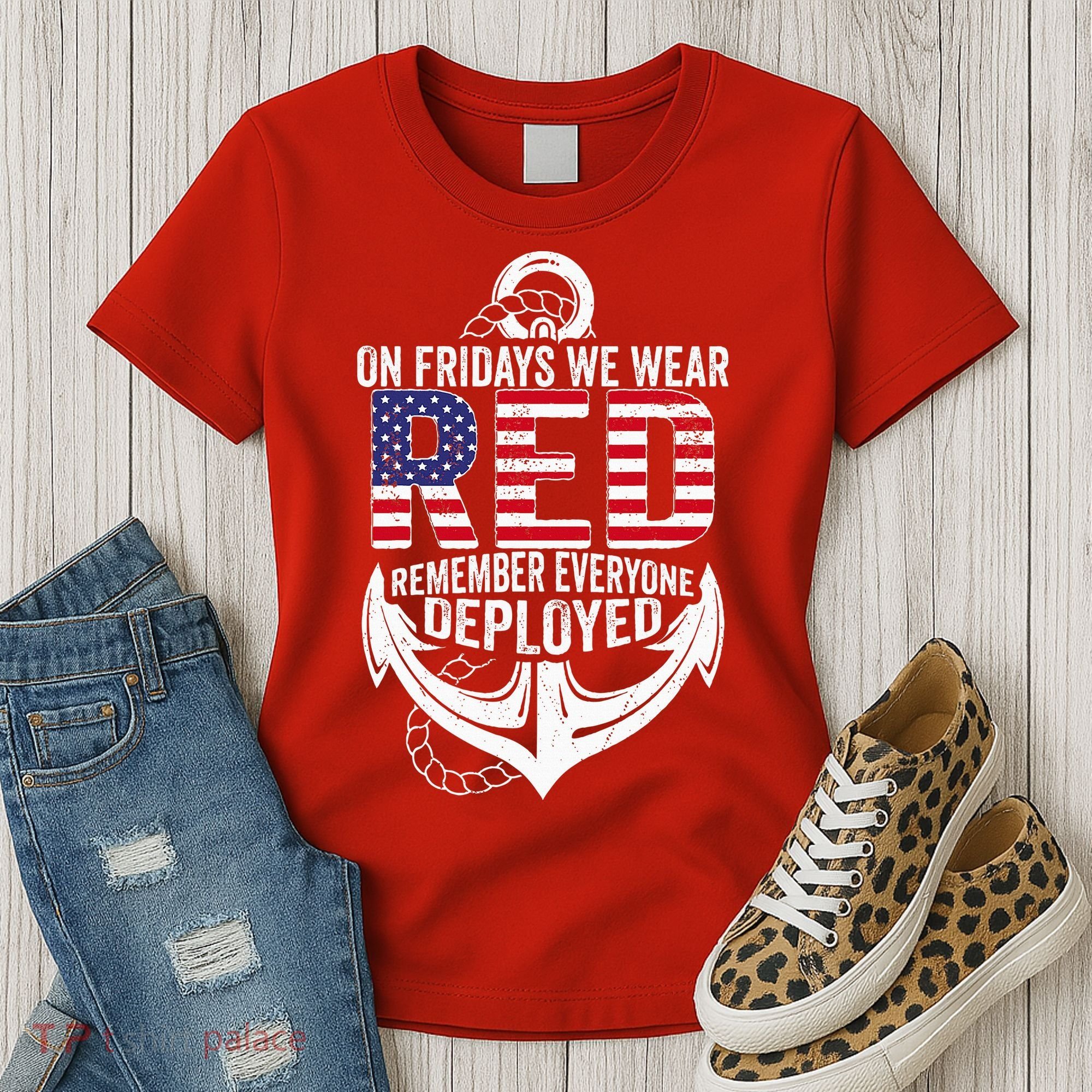 On Fridays We Wear Red Friday Navy Gift Distressed Women's T-Shirt