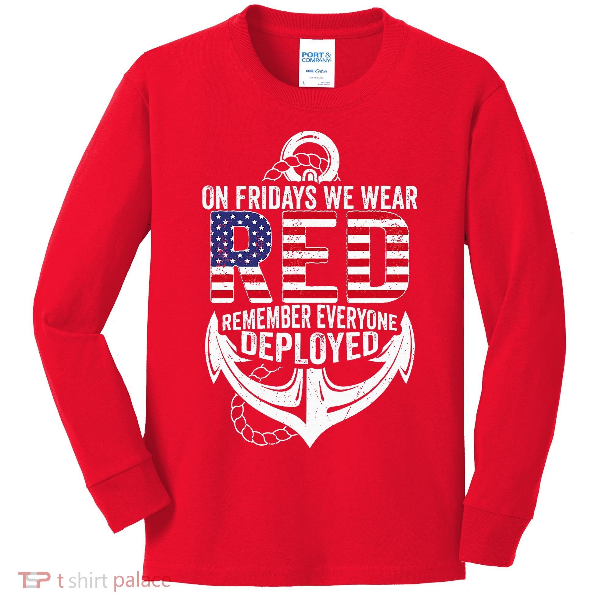 On Fridays We Wear Red Friday Navy Gift Distressed Kids Long Sleeve Shirt