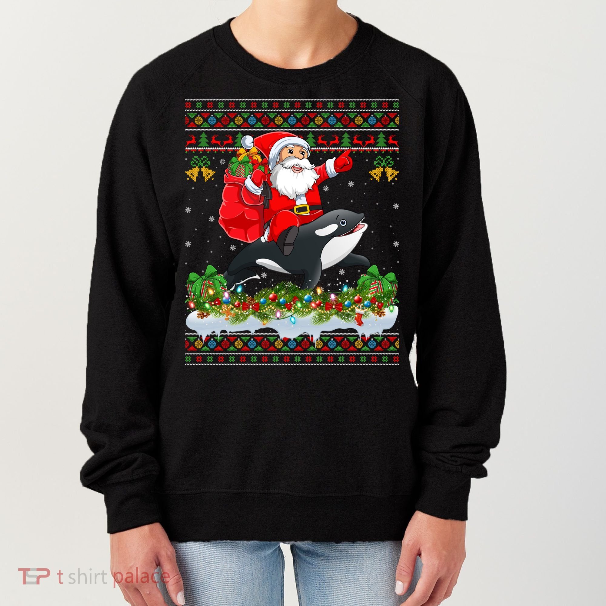 Orca Fish Xmas Pajama Ugly Santa Riding Orca Christmas Gift Women's Sweatshirt