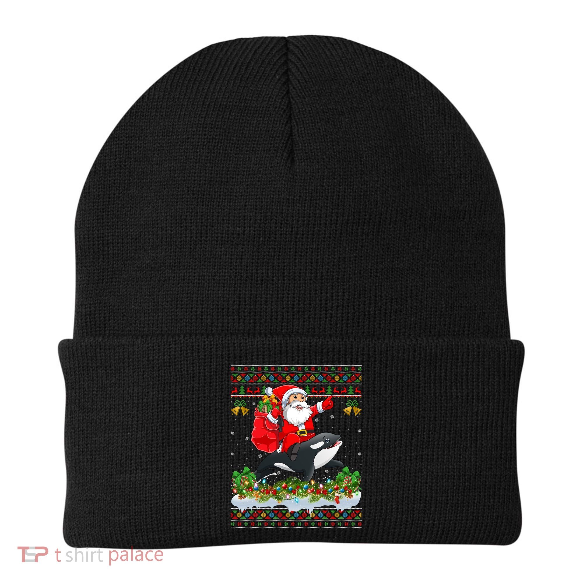 Orca Fish Xmas Pajama Ugly Santa Riding Orca Christmas Gift Beanie