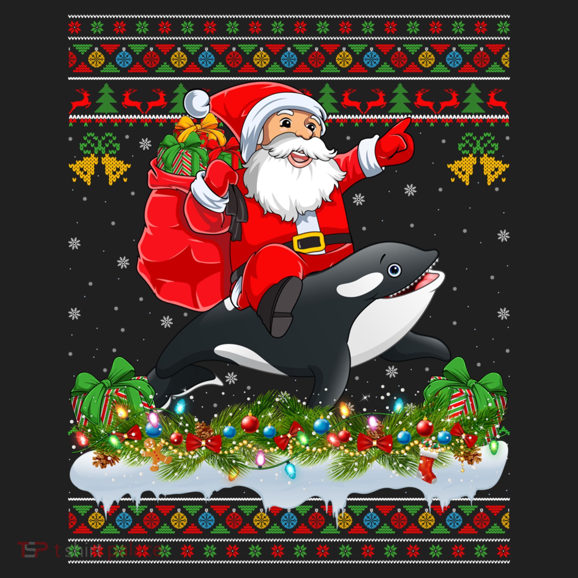 Orca Fish Xmas Pajama Ugly Santa Riding Orca Christmas Gift Beanie