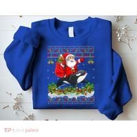 Orca Fish Xmas Pajama Ugly Santa Riding Orca Christmas Gift Sweatshirt thumb 2