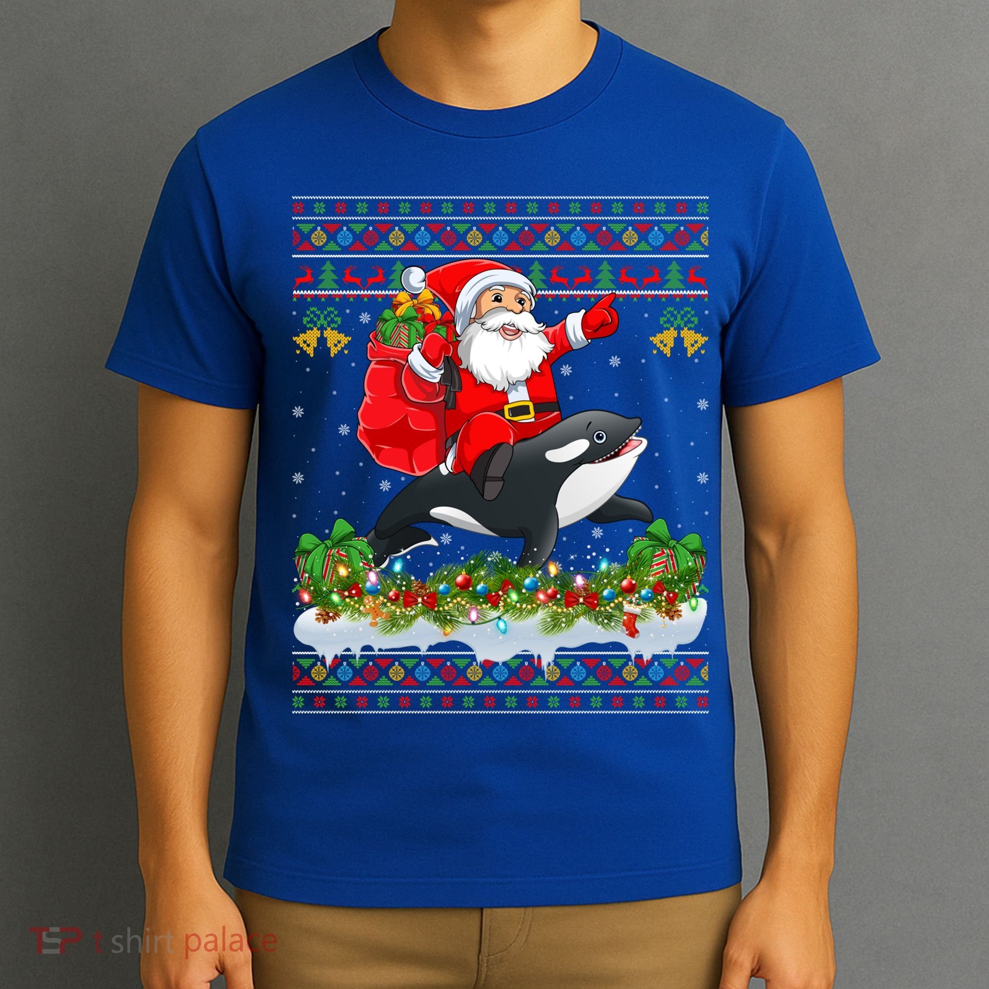 Orca Fish Xmas Pajama Ugly Santa Riding Orca Christmas Gift T-Shirt