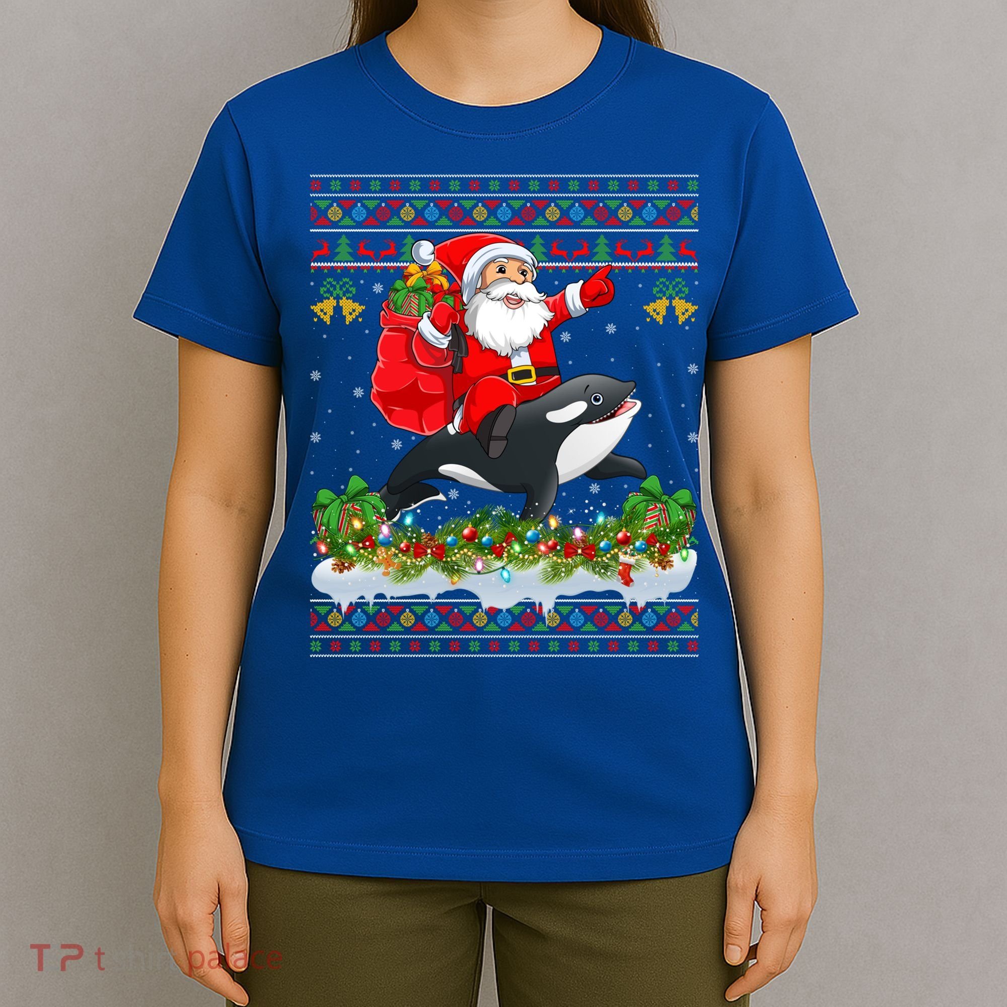 Orca Fish Xmas Pajama Ugly Santa Riding Orca Christmas Gift T-Shirt
