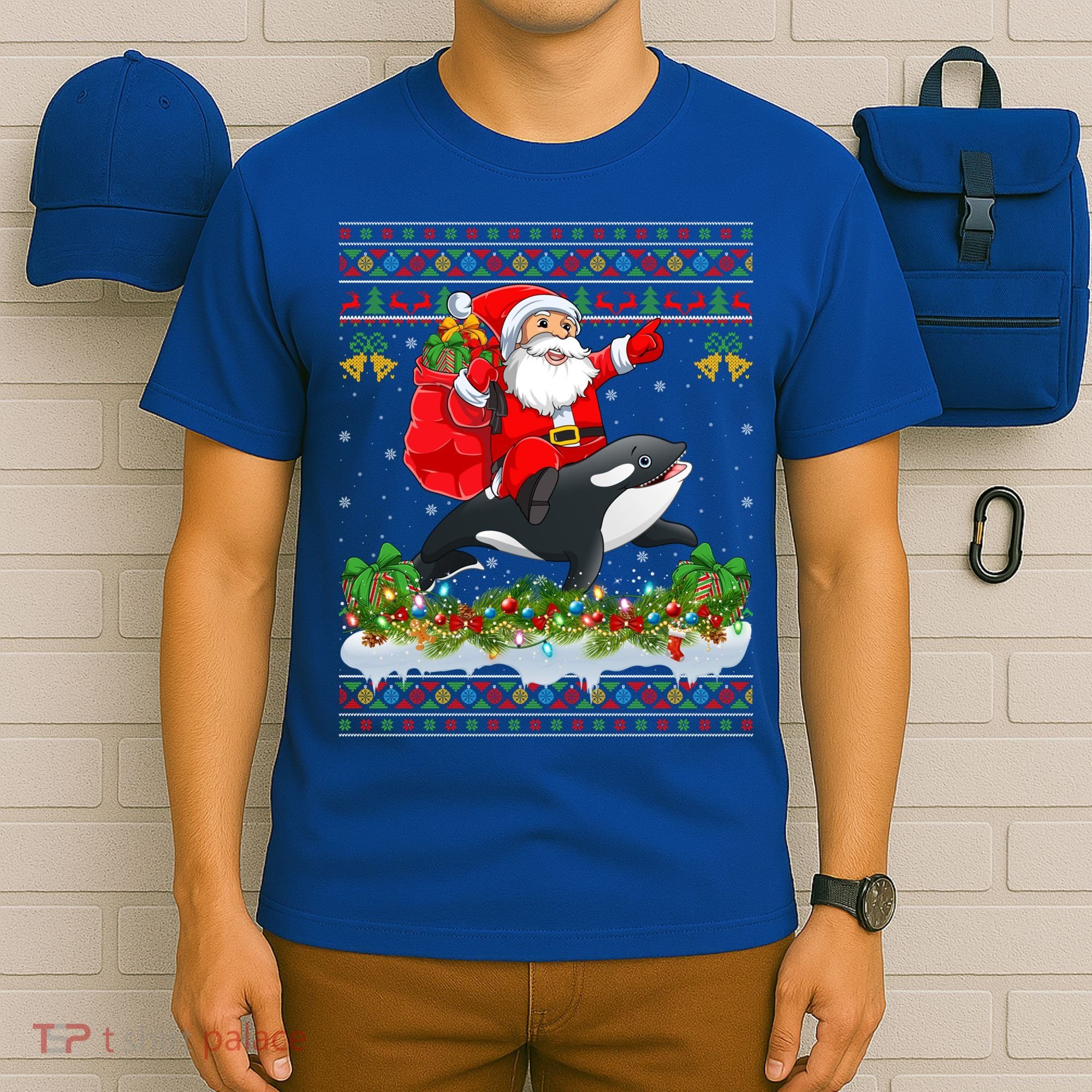 Orca Fish Xmas Pajama Ugly Santa Riding Orca Christmas Gift T-Shirt