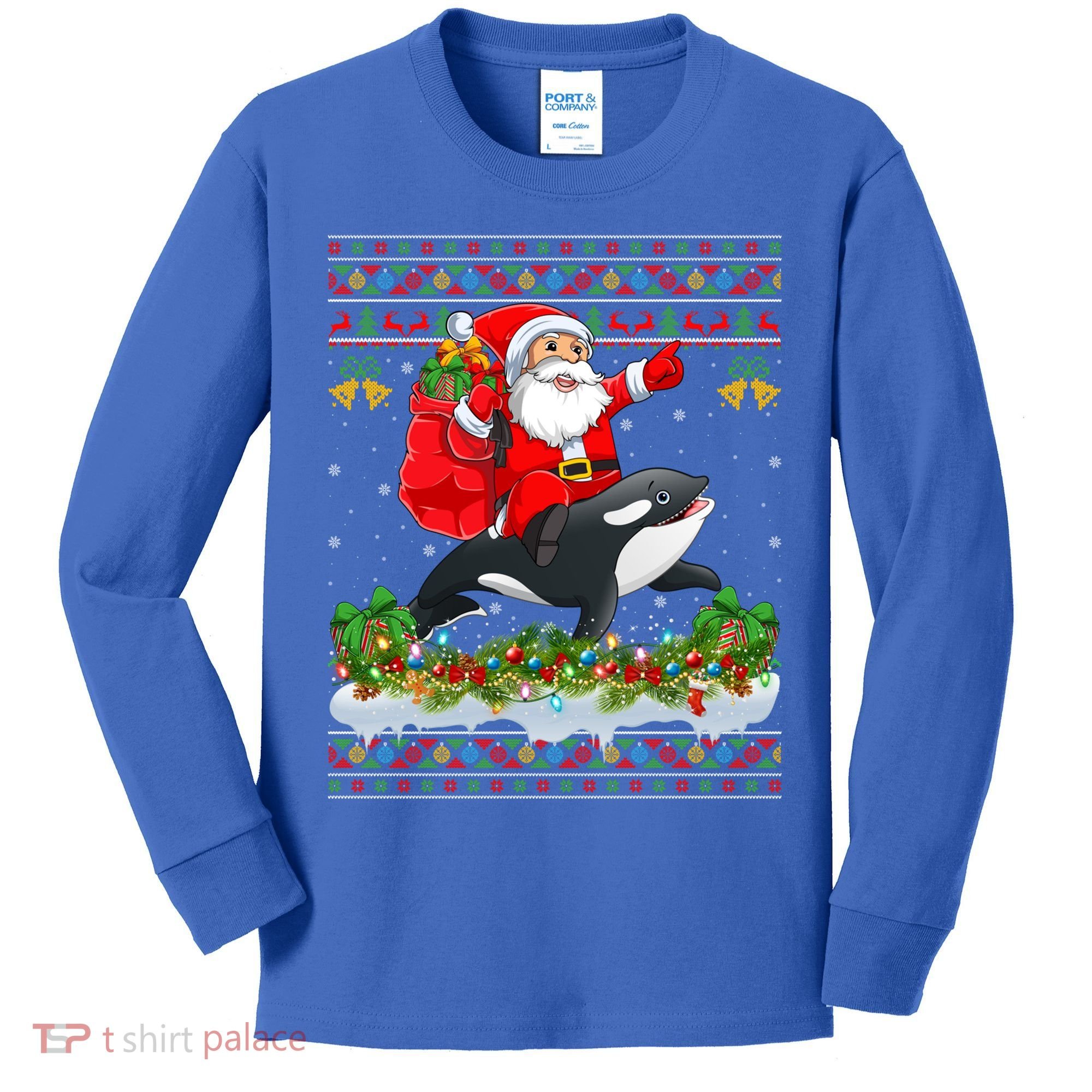 Orca Fish Xmas Pajama Ugly Santa Riding Orca Christmas Gift Kids Long Sleeve Shirt