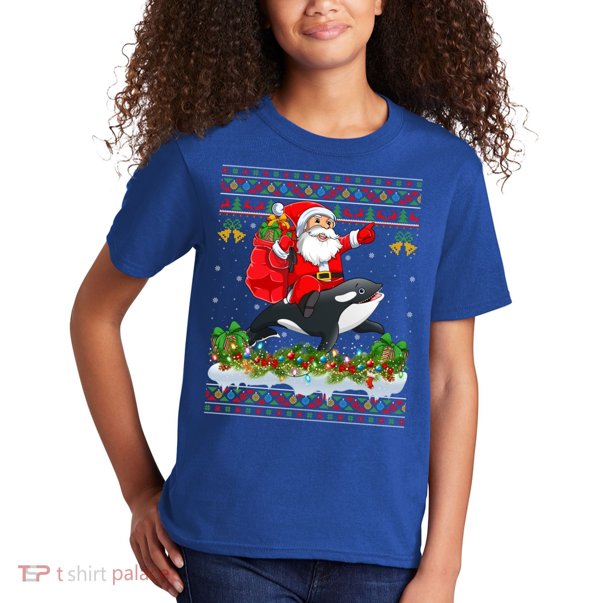 Orca Fish Xmas Pajama Ugly Santa Riding Orca Christmas Gift Kids T-Shirt