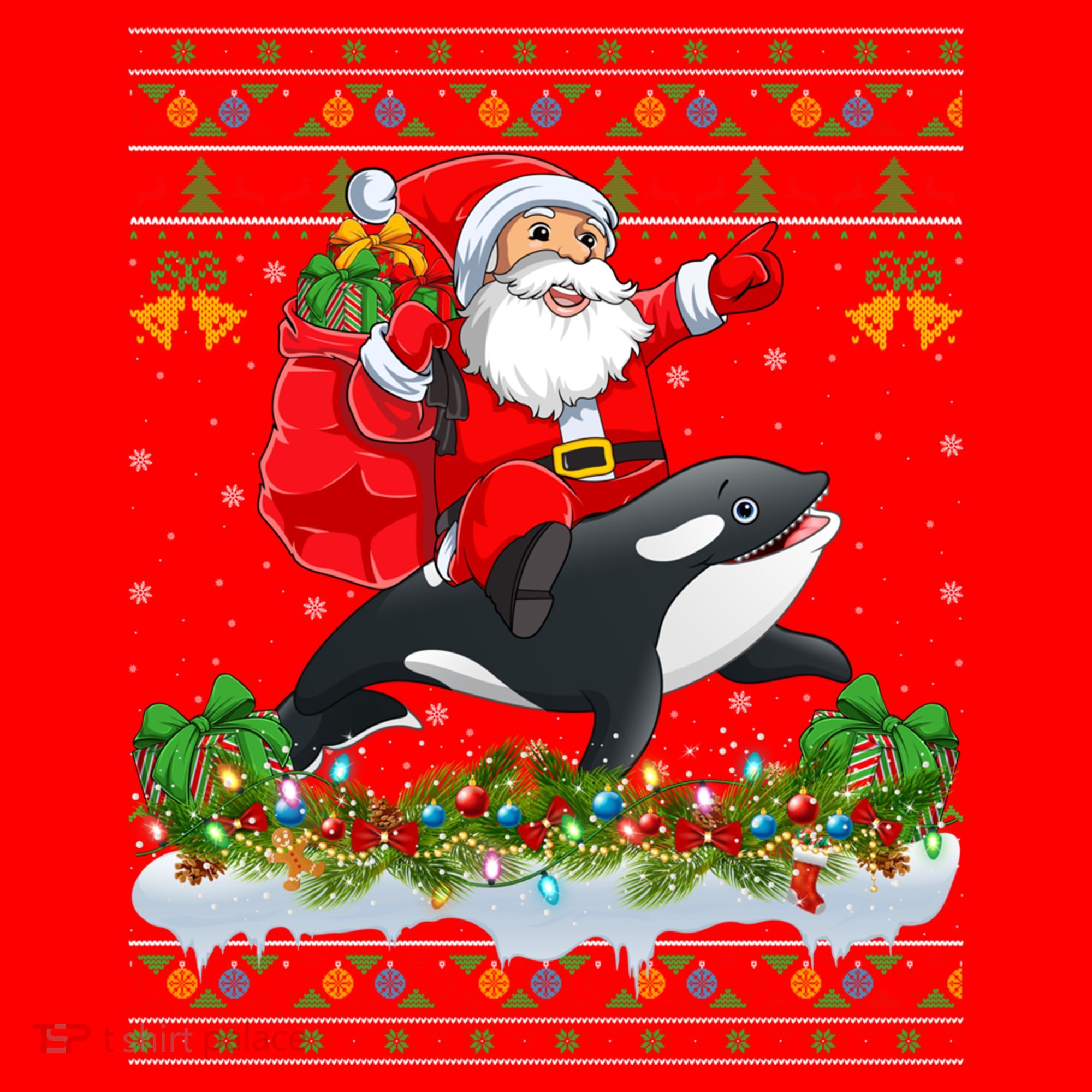 Orca Fish Xmas Pajama Ugly Santa Riding Orca Christmas Gift Santa Hat