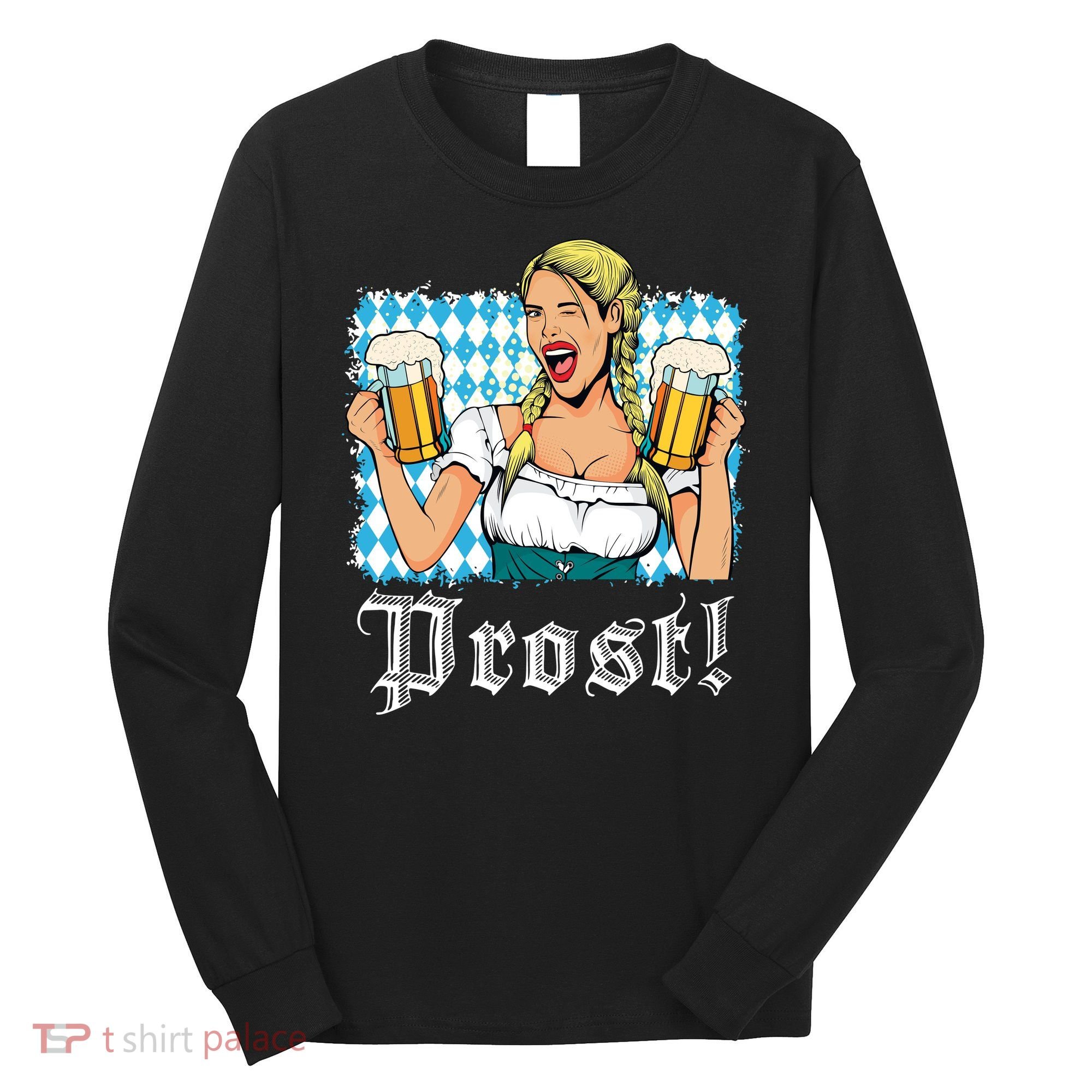 Oktoberfest Beer German Girl Bavarian Flag Drinking Prost Long Sleeve Shirt