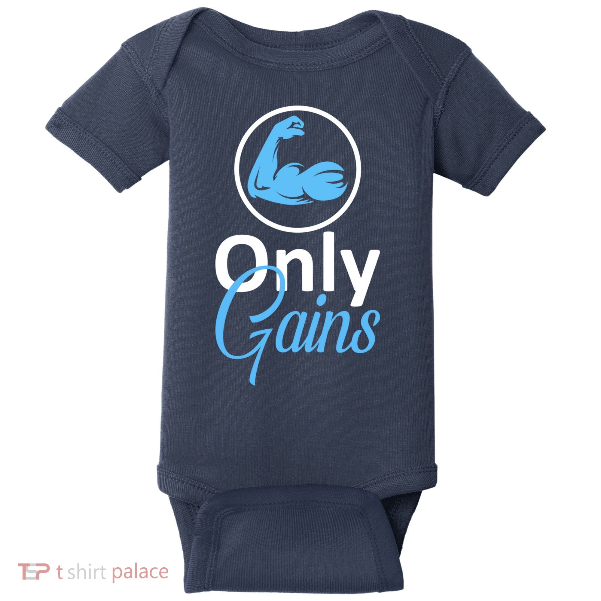 Only Gains Funny Gym Fitness Workout Parody Baby Bodysuit