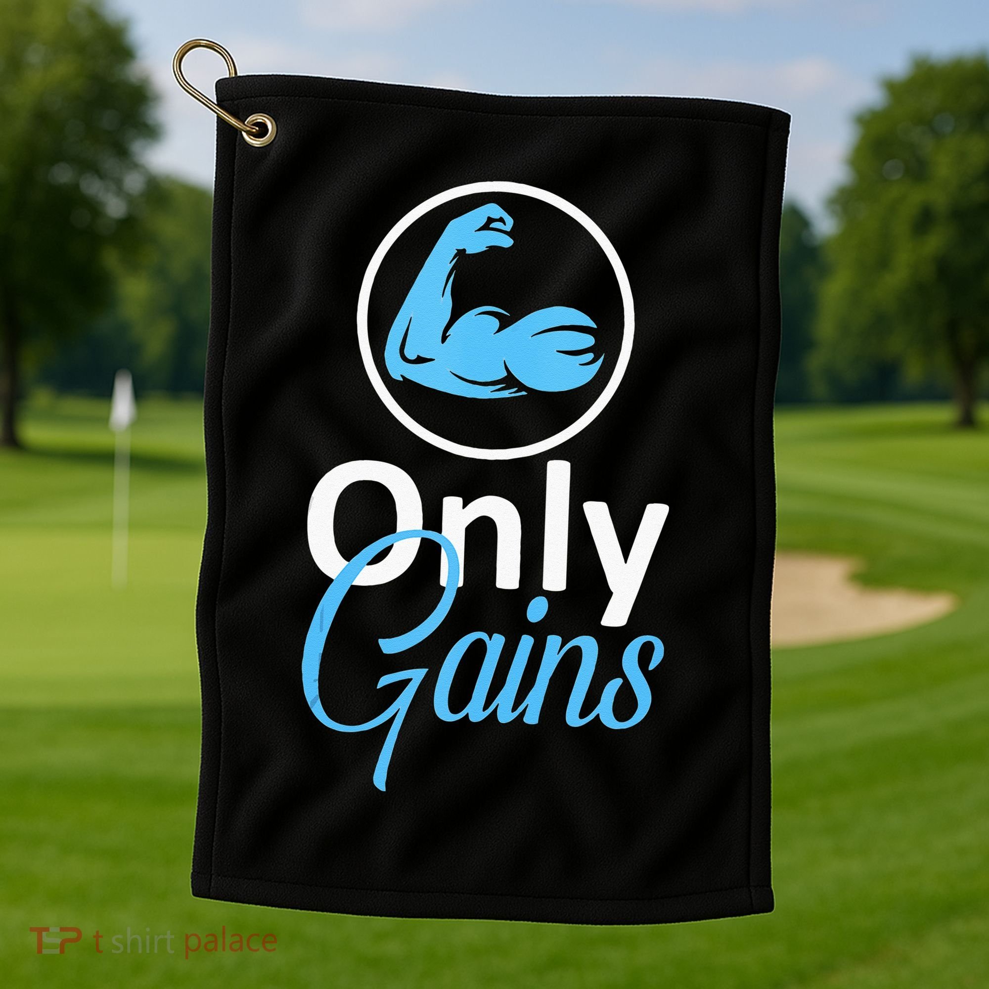 Only Gains Funny Gym Fitness Workout Parody Golf Towel