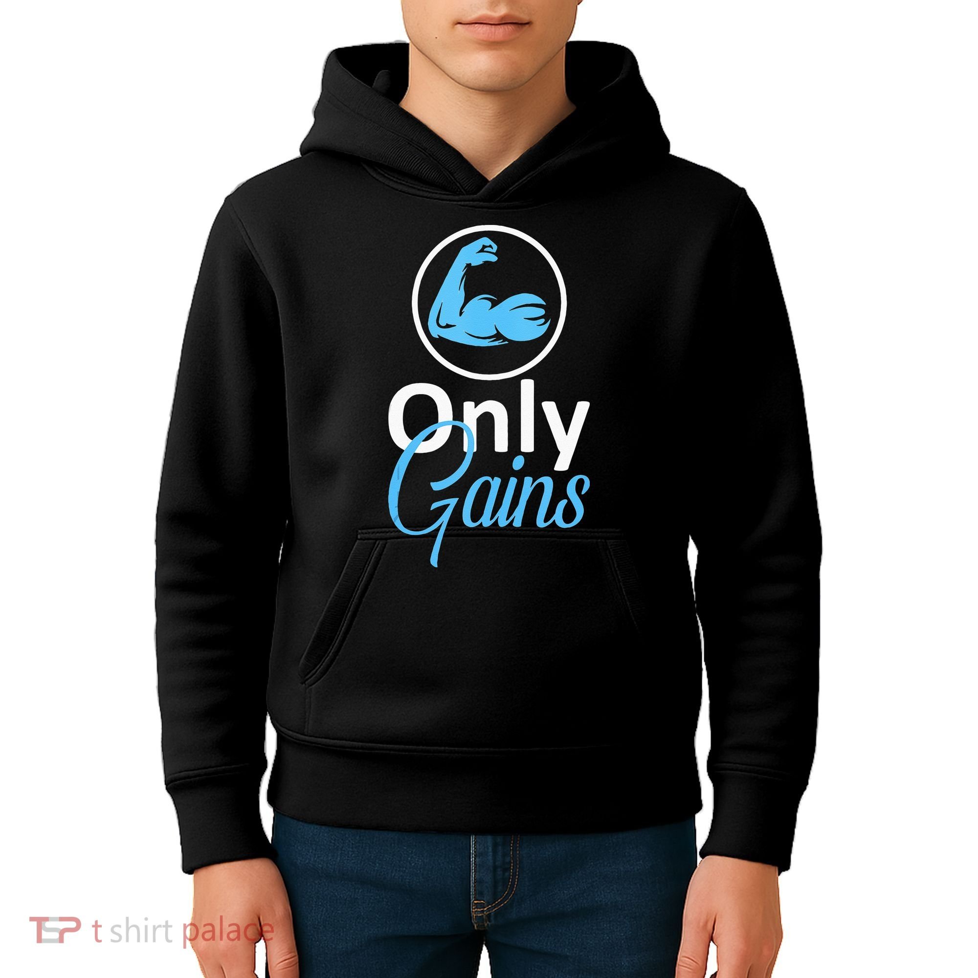 Only Gains Funny Gym Fitness Workout Parody Kids Hoodie