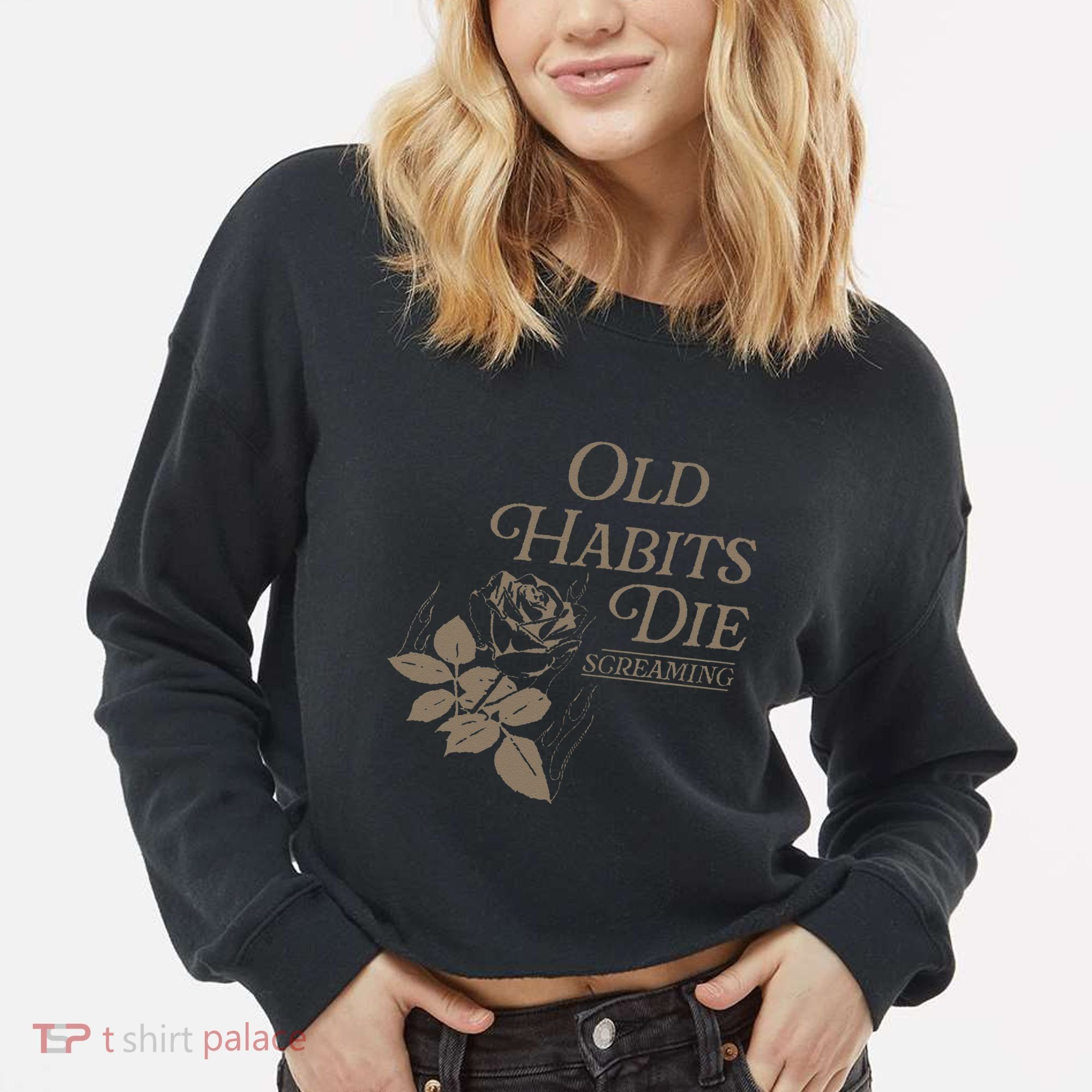 Old Habits Die Screaming Cropped Pullover Crew