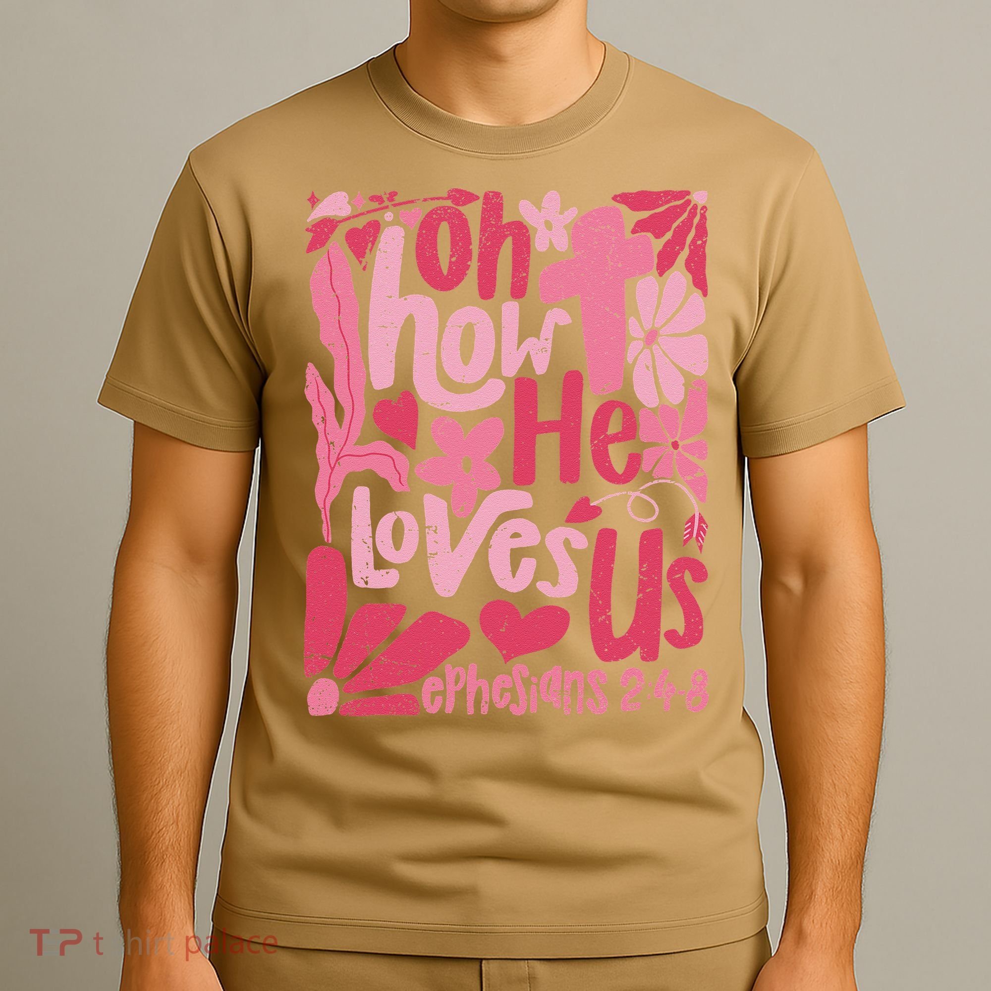 Oh How He Loves Us Boho Valentine Flower Jesus Christian T-Shirt