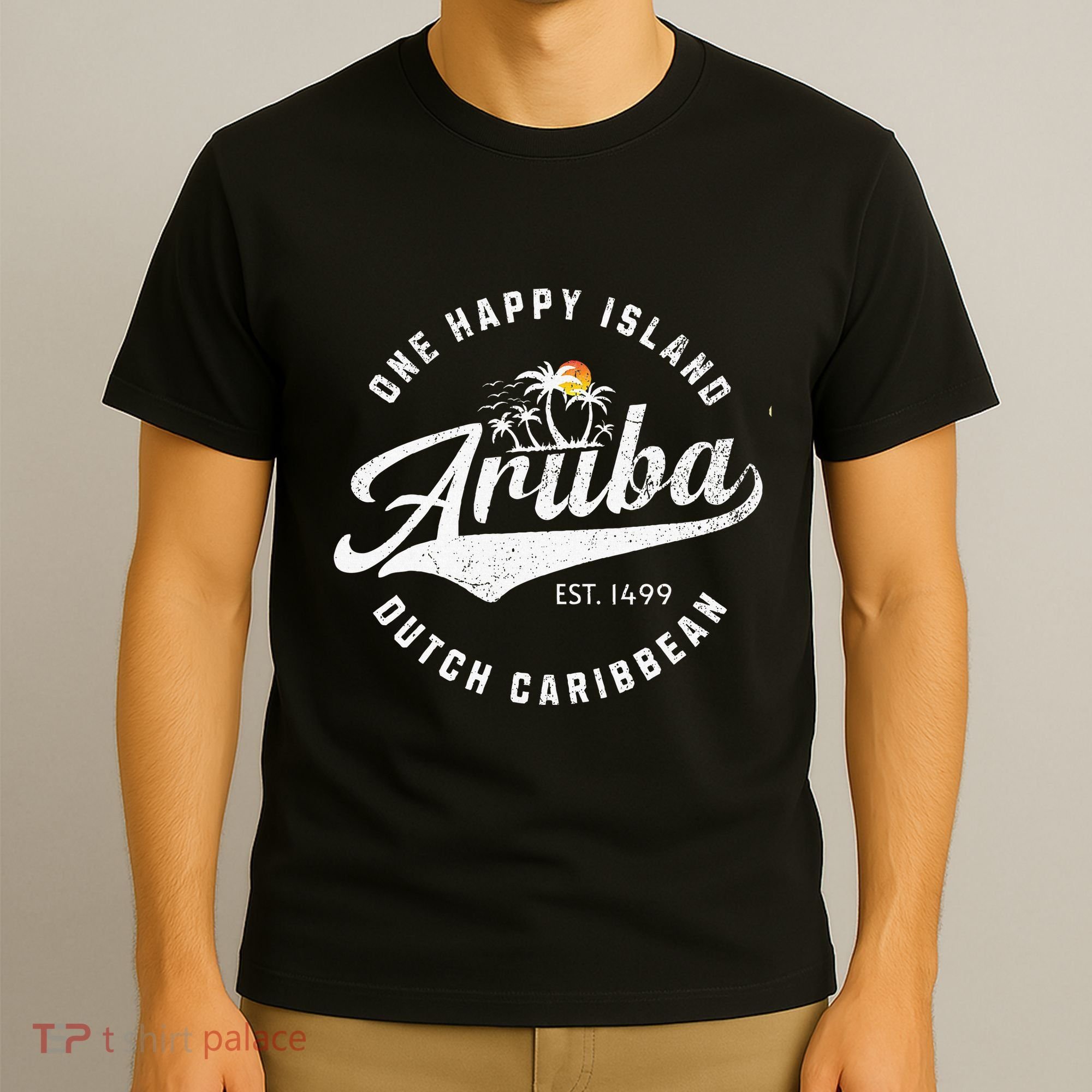 One Happy Island Aruba Script Lettering Vintage Logo Art T-Shirt