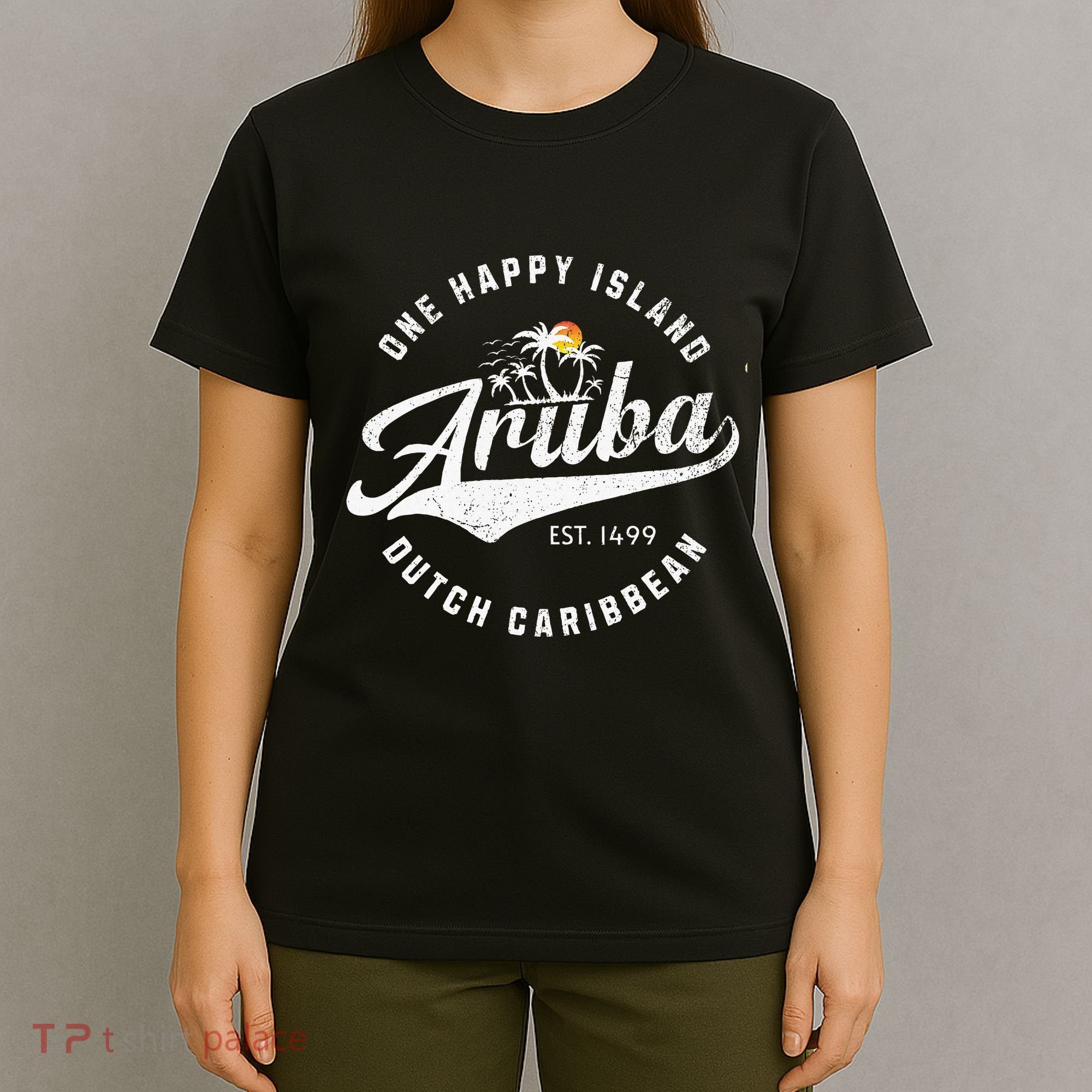 One Happy Island Aruba Script Lettering Vintage Logo Art T-Shirt
