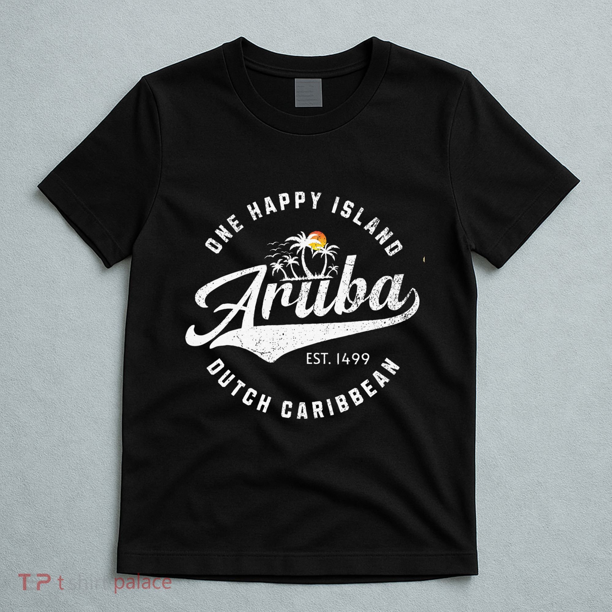 One Happy Island Aruba Script Lettering Vintage Logo Art T-Shirt