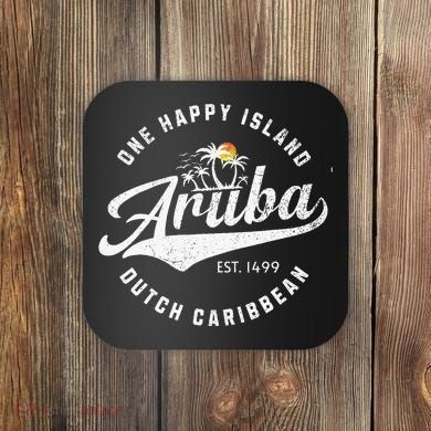 One Happy Island Aruba Script Lettering Vintage Logo Art Coaster