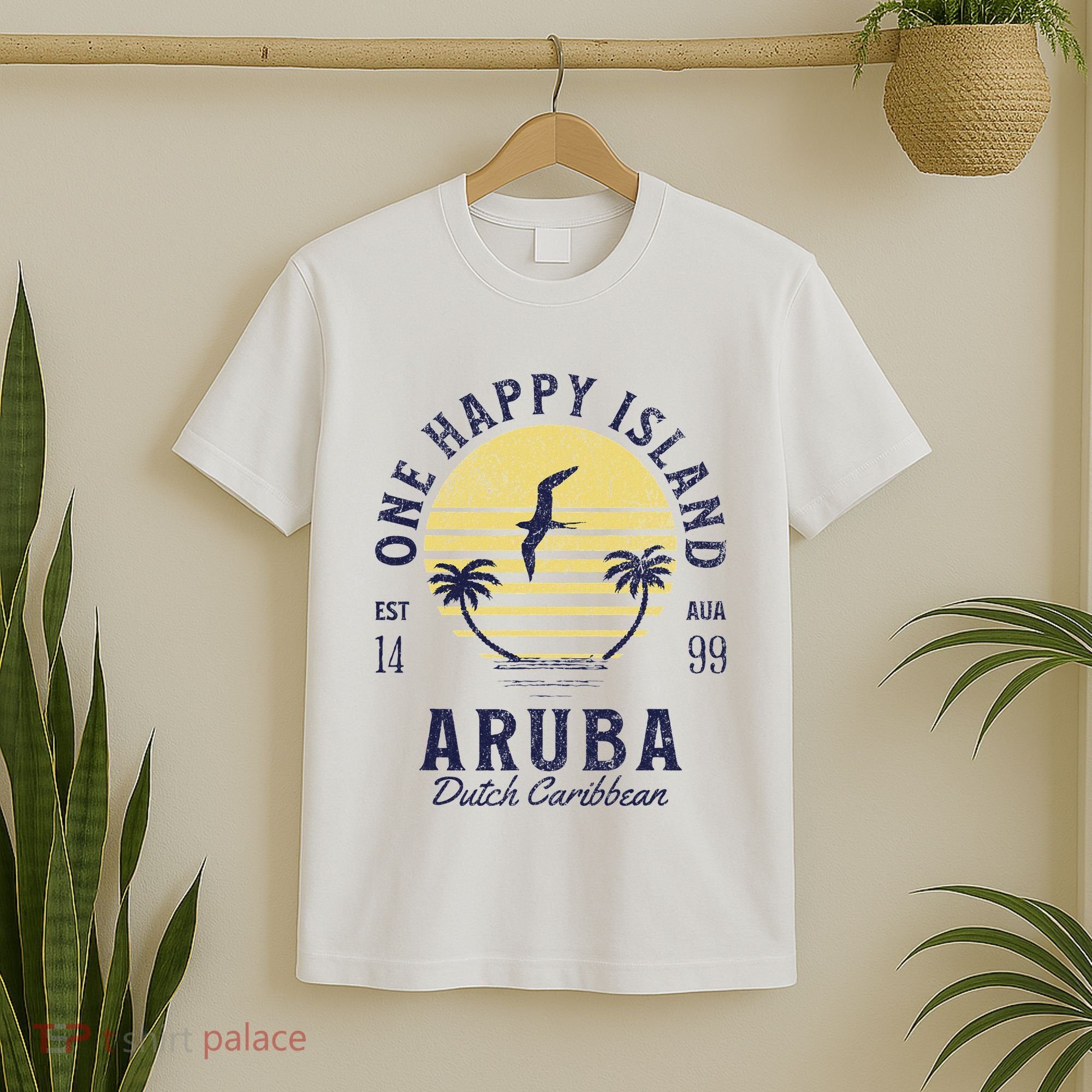 One Happy Island Aruba Retro Sunset Palm Ocean Vintage T-Shirt