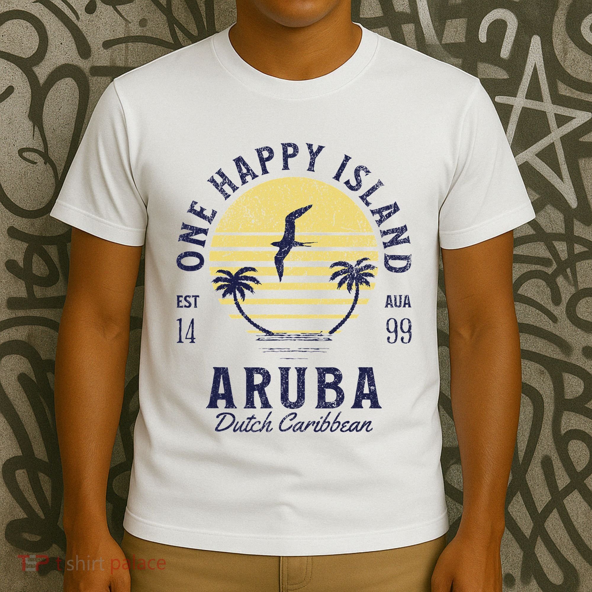 One Happy Island Aruba Retro Sunset Palm Ocean Vintage T-Shirt