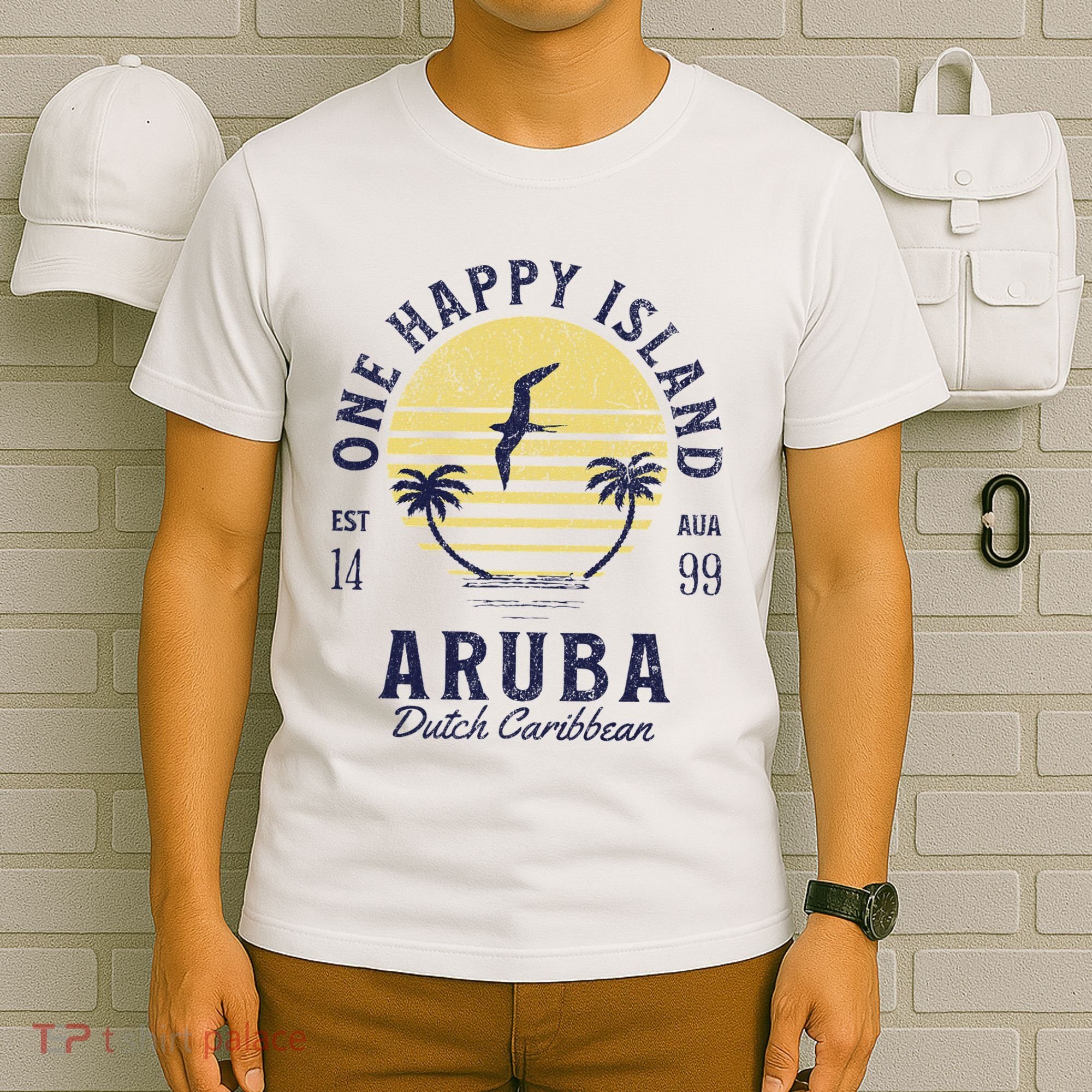 One Happy Island Aruba Retro Sunset Palm Ocean Vintage T-Shirt