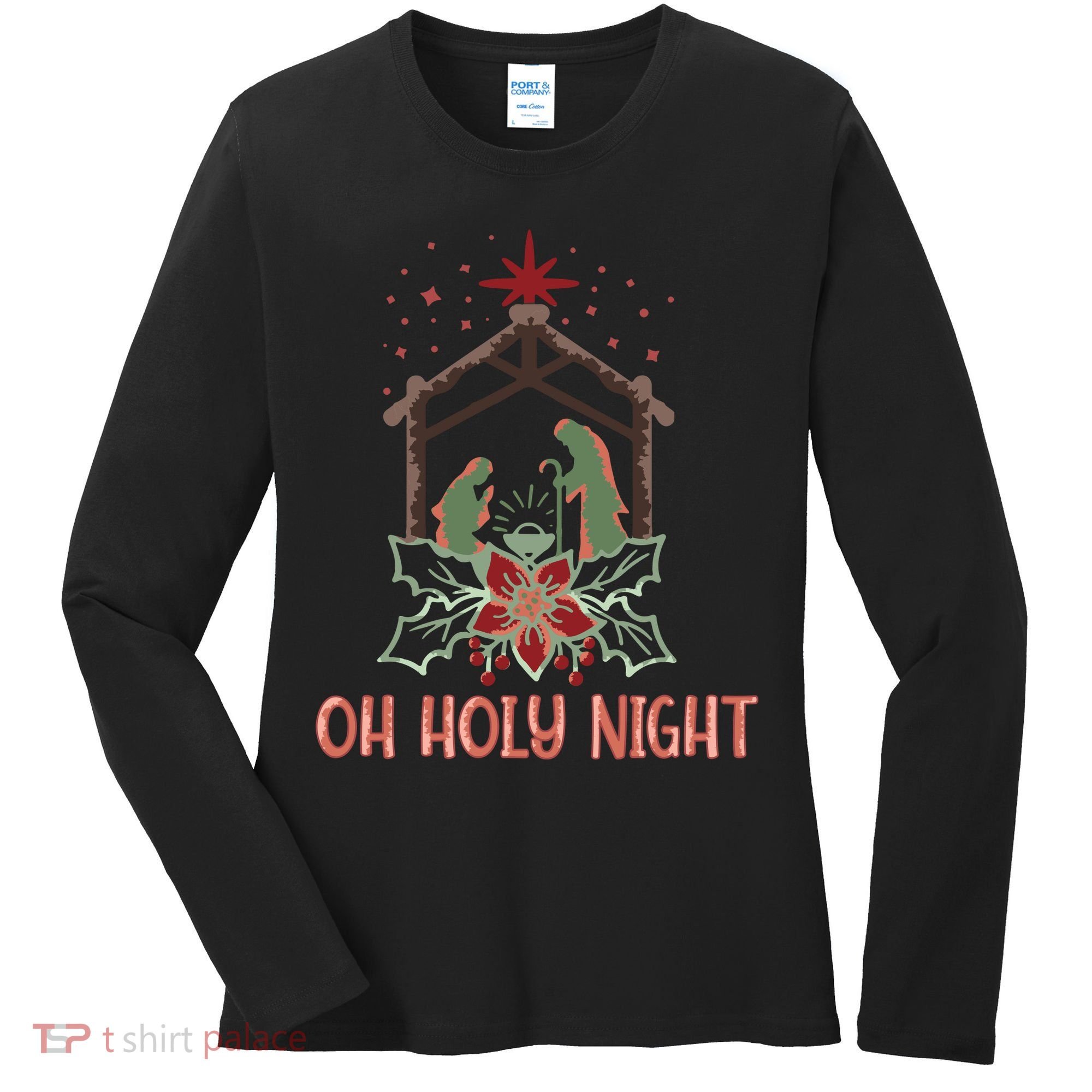 Oh Holy Night Christian Retro Christmas Religious Graphic Plus Size Women's Long Sleeve Shirt
