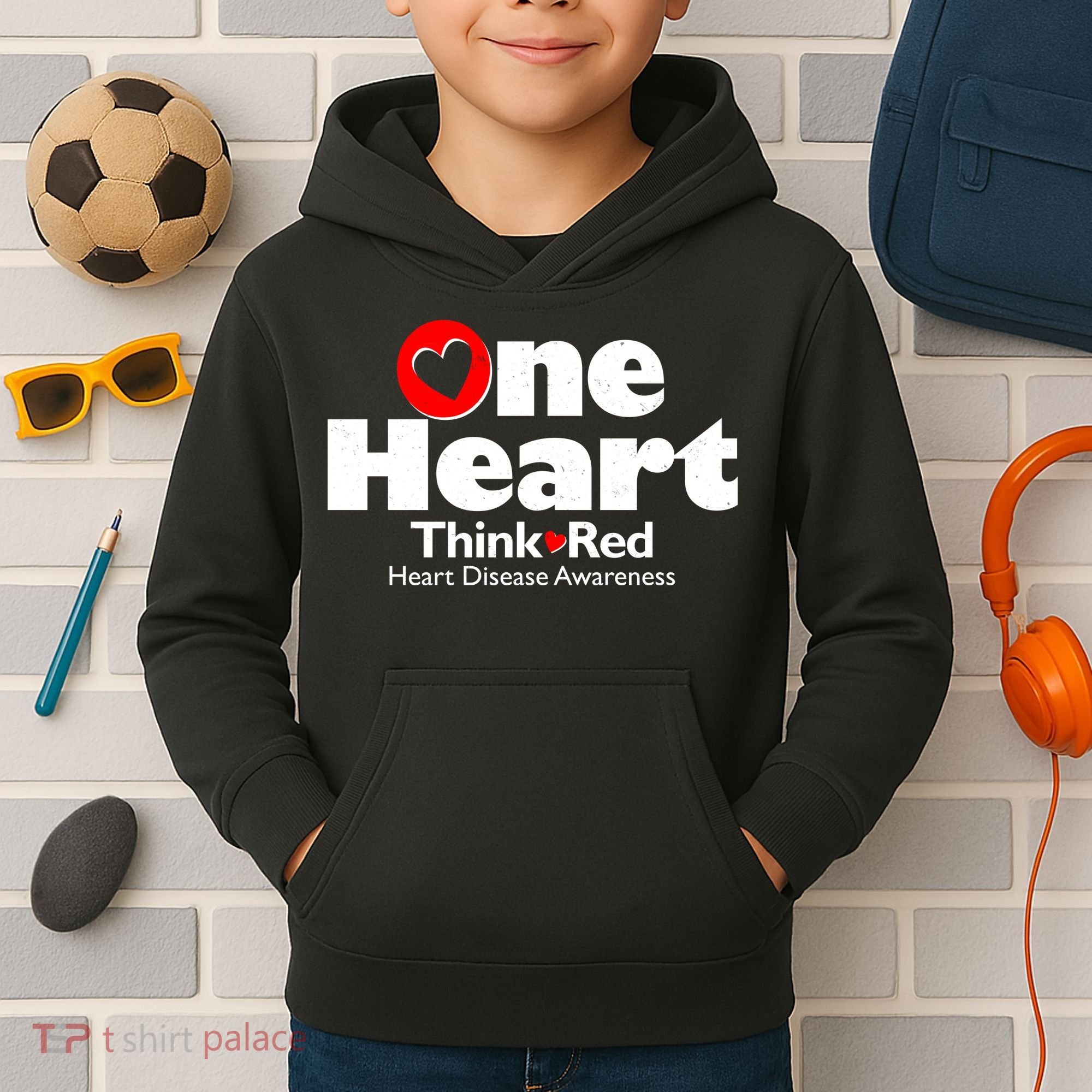 One Heart Think Red Heart Disease Awareness Month Kids Hoodie