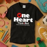 One Heart Think Red Heart Disease Awareness Month Kids T-Shirt thumb 3