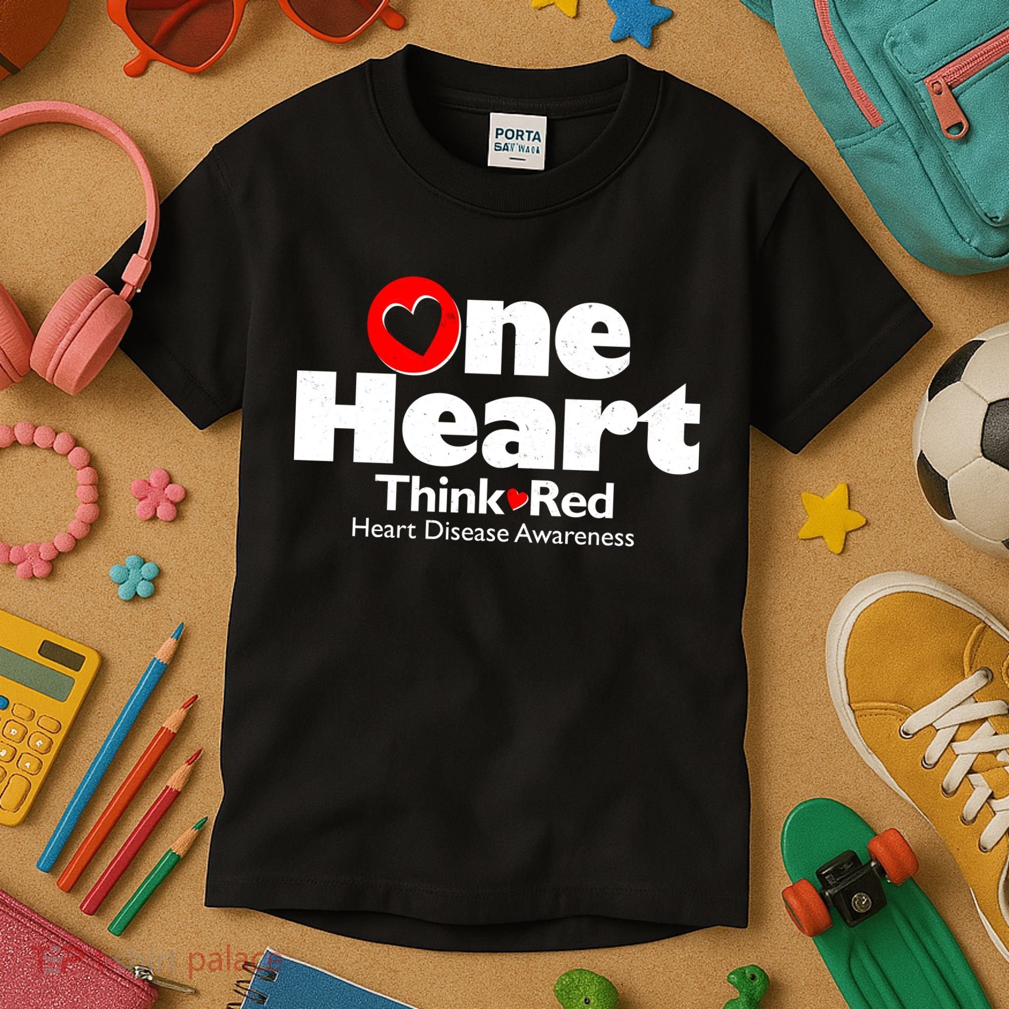 One Heart Think Red Heart Disease Awareness Month Kids T-Shirt