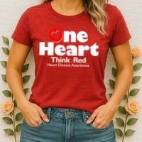 One Heart Think Red Heart Disease Awareness Month Women's T-Shirt thumb 2