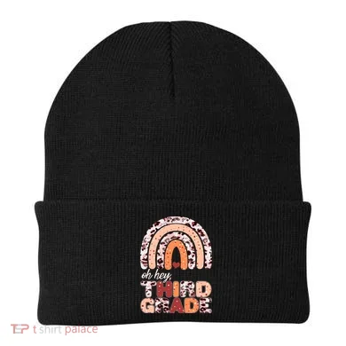 Oh Hey Third Grade Leopard Print Pattern Rainbow Beanie