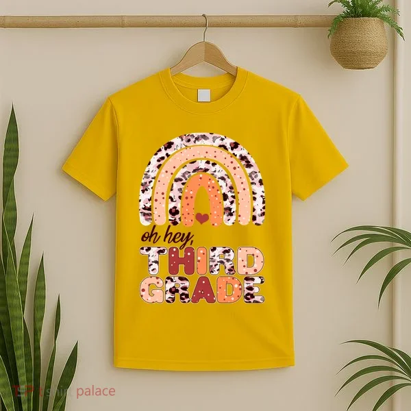 Oh Hey Third Grade Leopard Print Pattern Rainbow T-Shirt