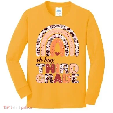 Oh Hey Third Grade Leopard Print Pattern Rainbow Kids Long Sleeve Shirt