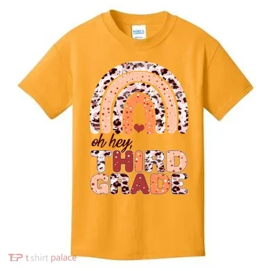 Oh Hey Third Grade Leopard Print Pattern Rainbow Kids T-Shirt
